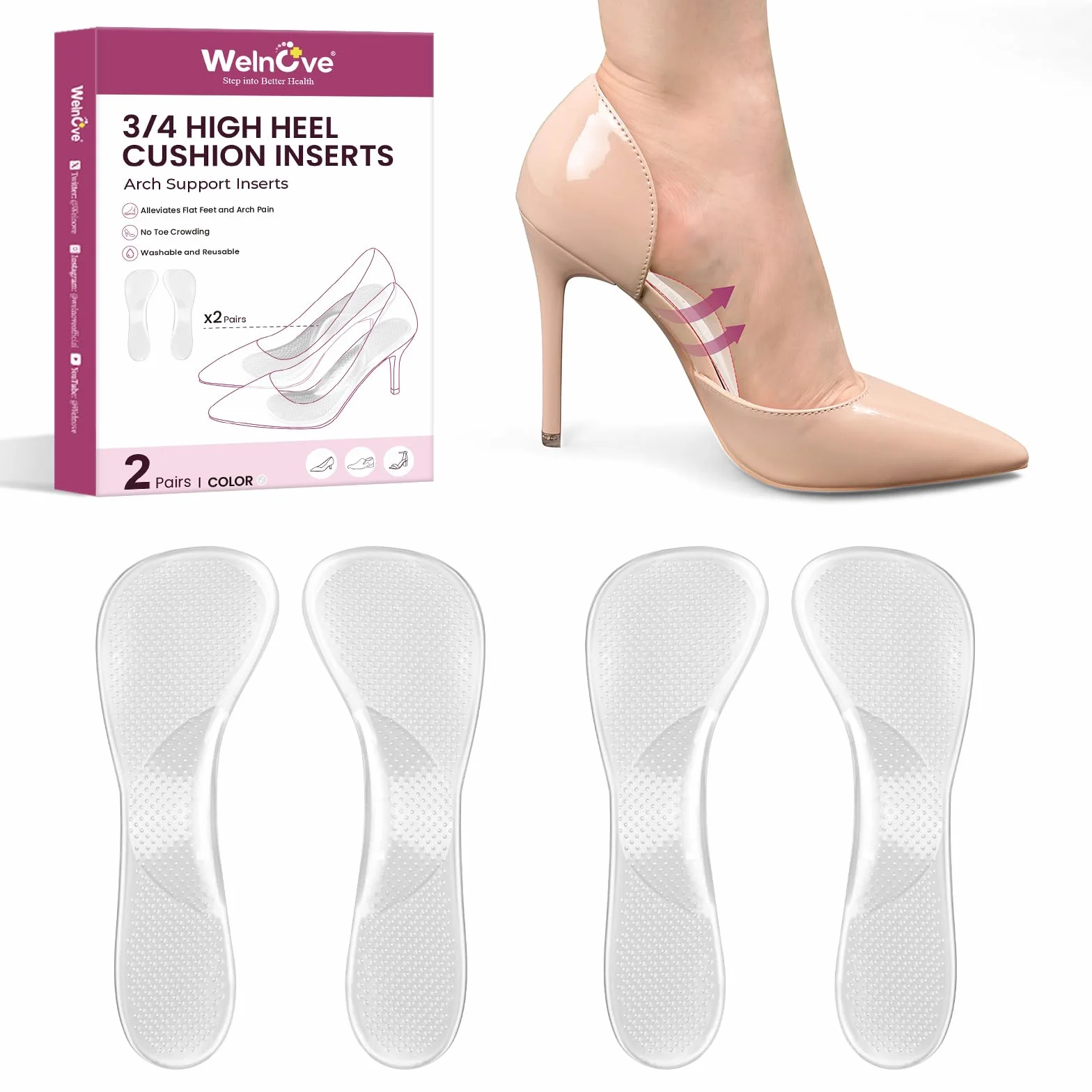 Welnove Plantillas gel Mujer 3/4 Almohadillas suaves para aliviar dolor fatiga 2 pares Sandalias tacón alto Pies planos Fascitis plantar
