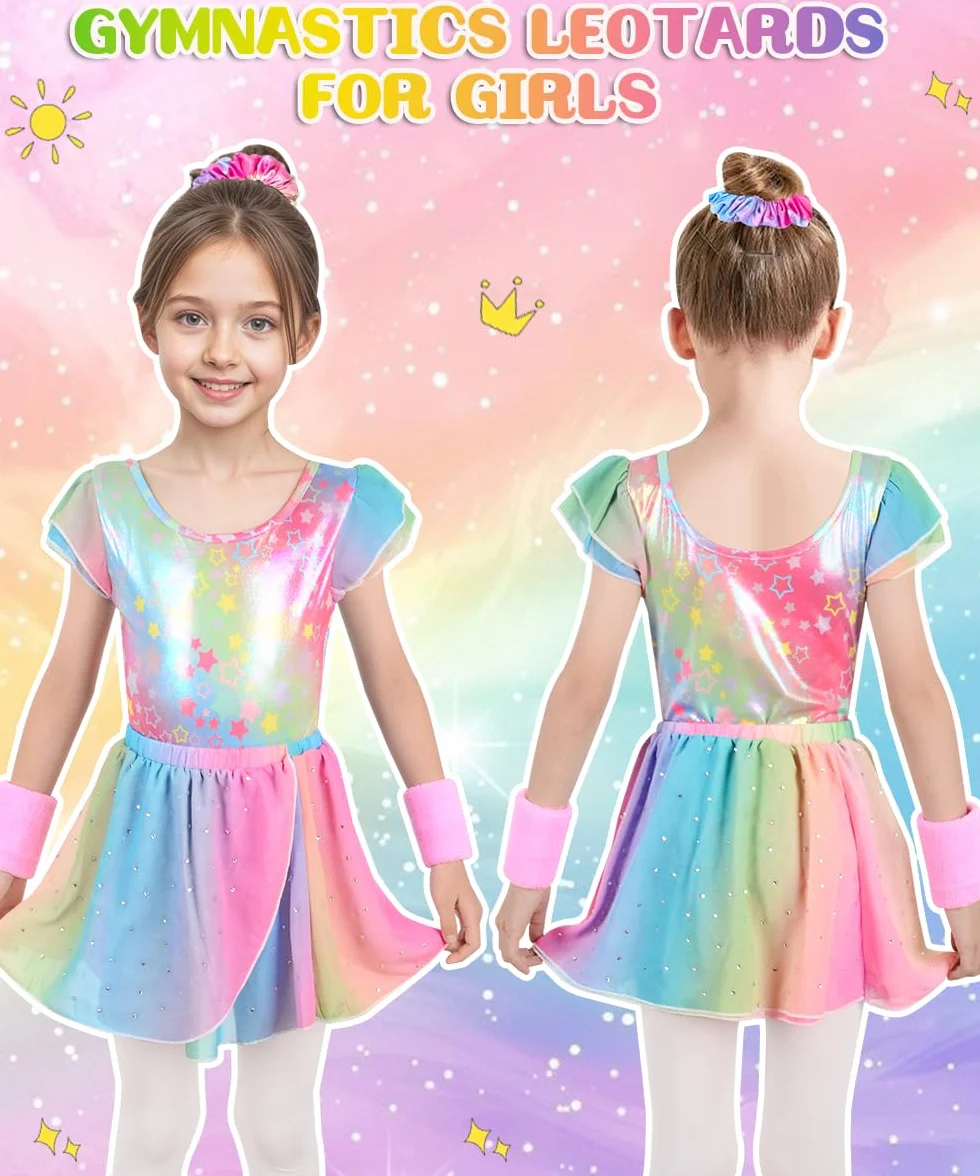 Maillot Gimnasia Rítmica Niña Conjunto 5 Piezas Sin Mangas Falda Cinta Cabello Muñequeras Ballet 4-9 Años