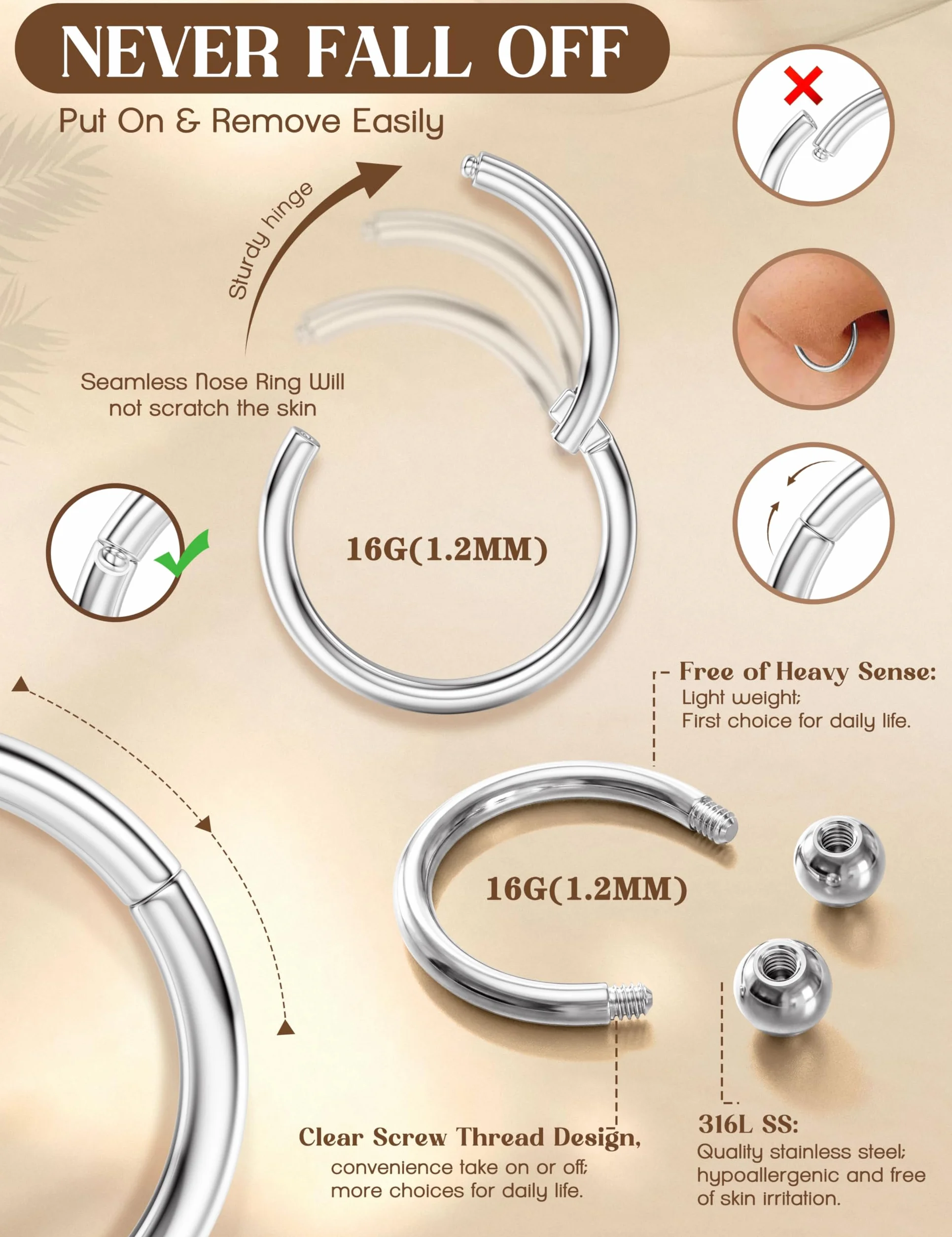 JeweBella 16 Piezas Aro Piercing Nariz Acero Quirúrgico Cartílago Segmento Clicker Anillos 6-12 mm