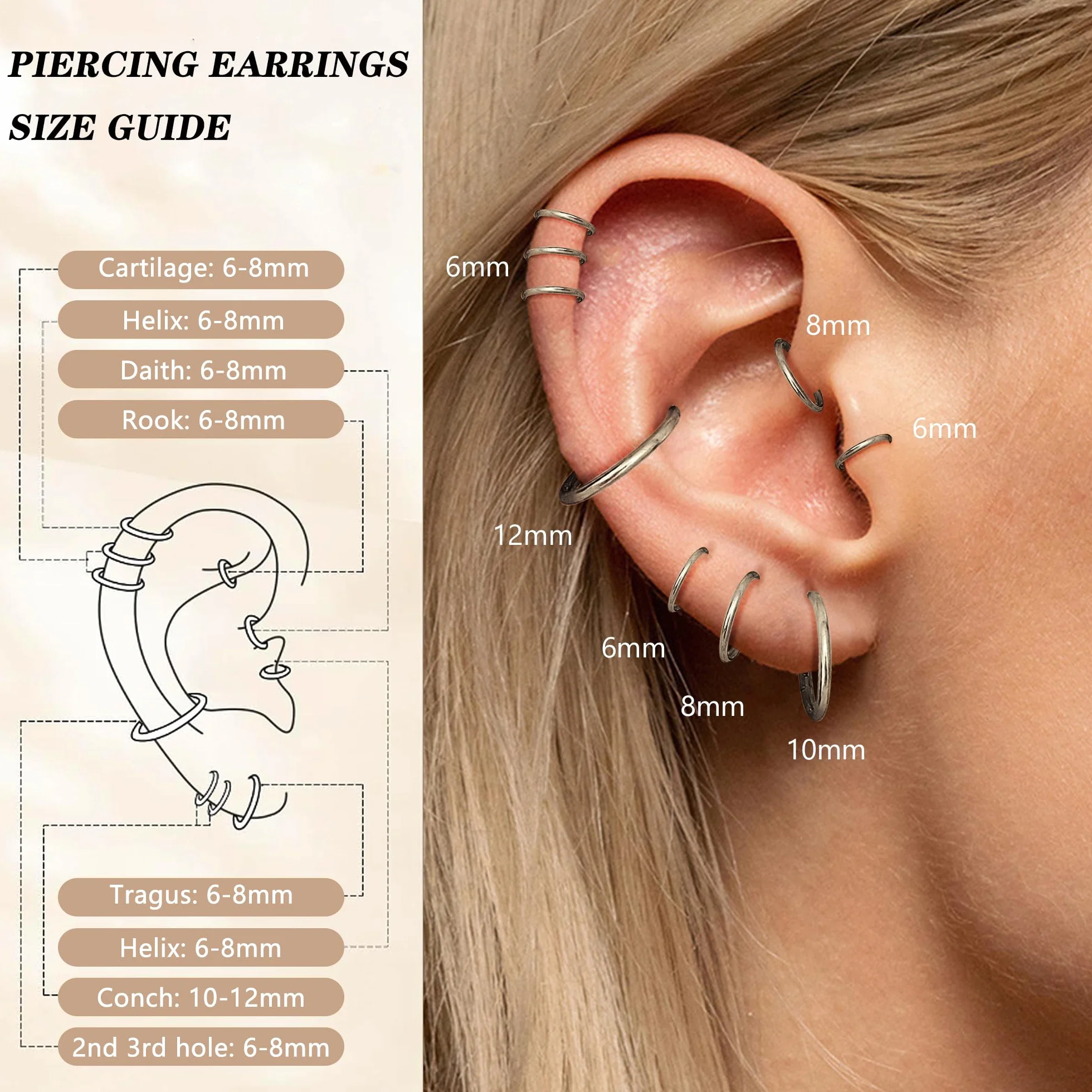 Diamday 8pcs Clicker Piercing Nariz 16G/18G 316L Acero Quirúrgico 6mm 8mm 10mm 12mm