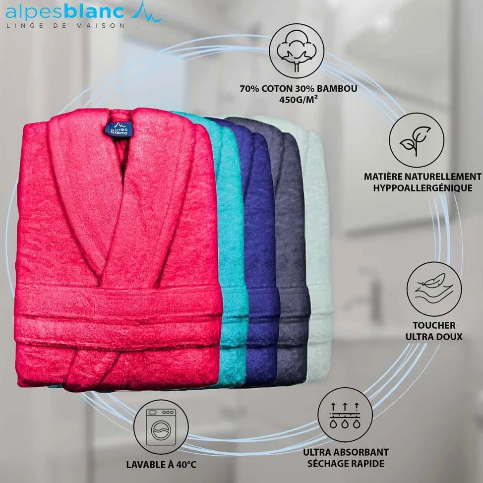 Alpes Blanc – Albornoz de baño mixto con cuello chal – 70% algodón y 30% bambú de 450 g/m² – Ultra suave, ultra absorbente e hipoalergénica