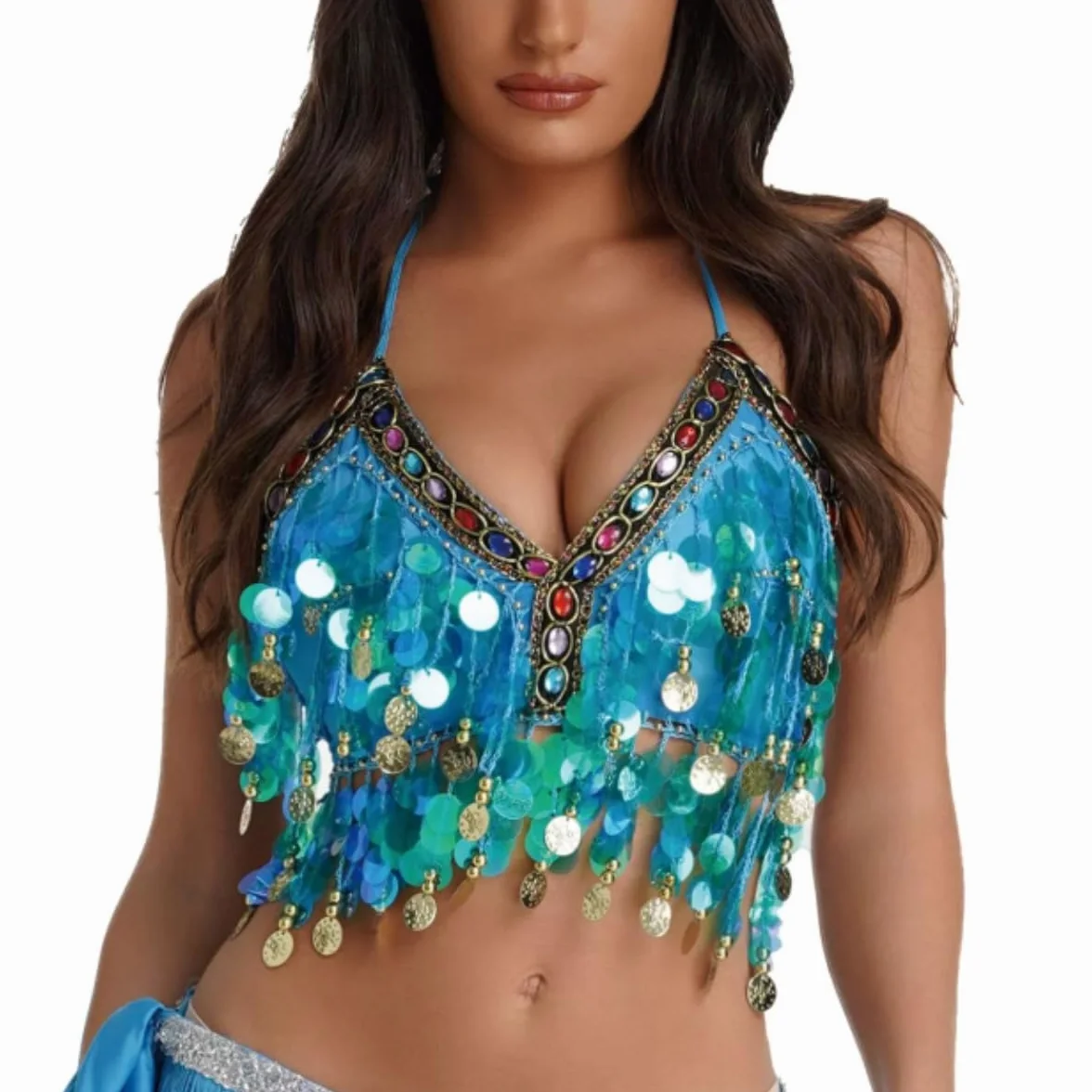 Sujetador con lentejuelas para danza del vientre, top corto brillante cuello halter flecos
