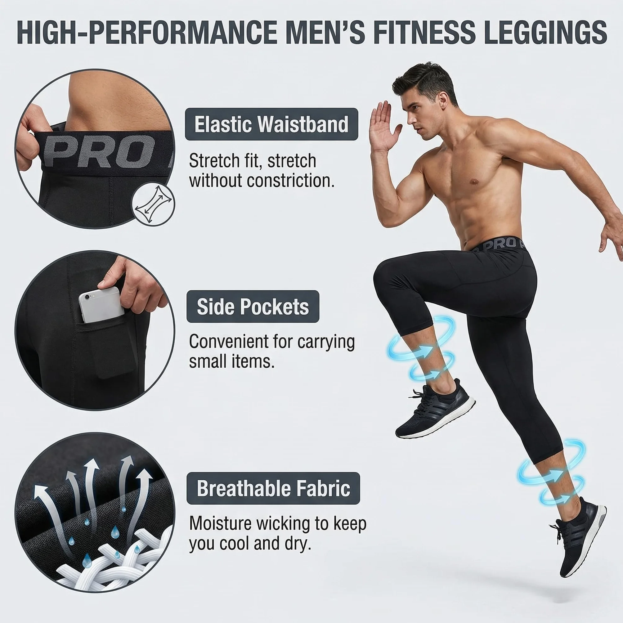 YUSHOW Mallas de compresión 3/4 hombre running entrenamiento secado rápido