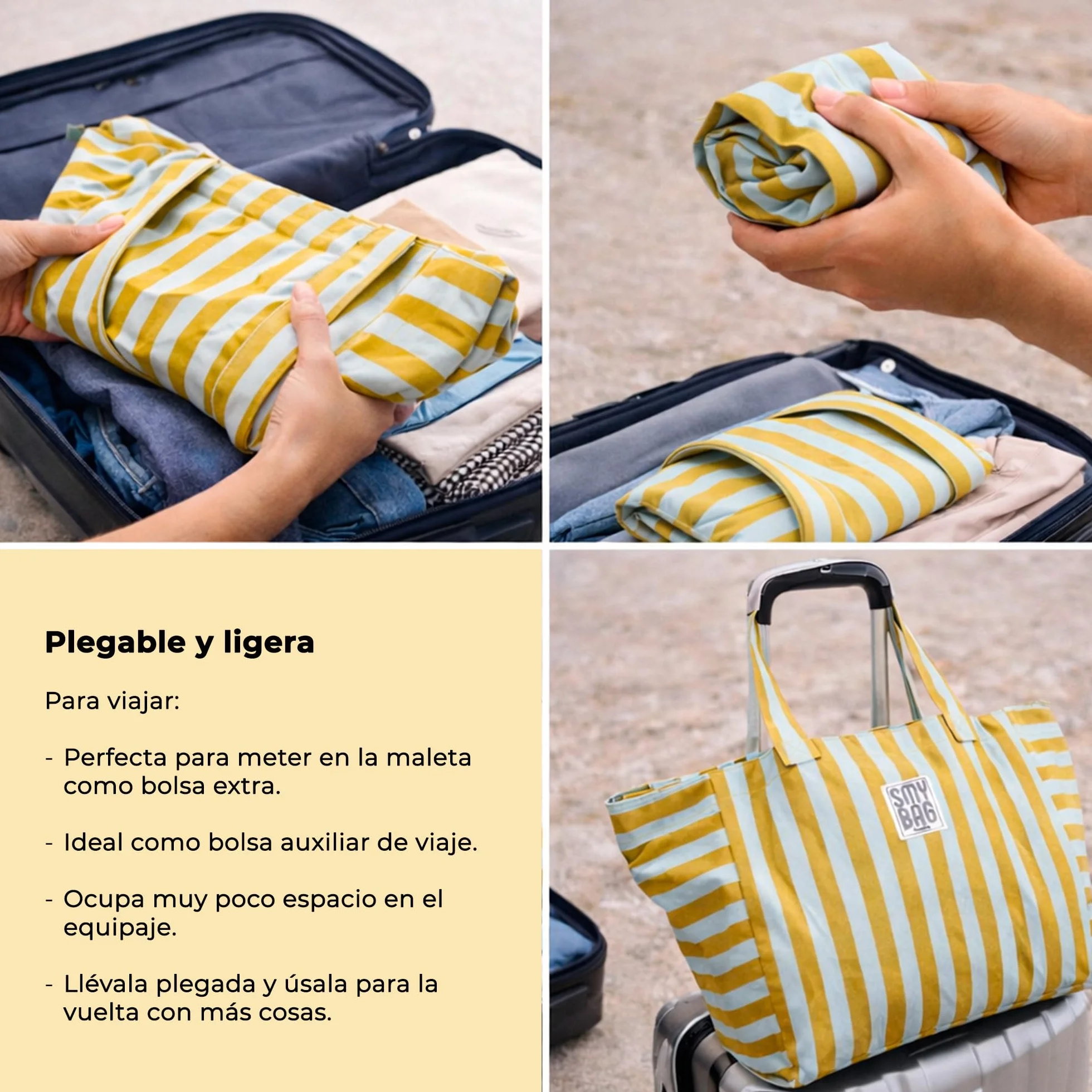 Bolsa de Playa Mujer Menorca Grande - Bolso Playa a Rayas con Cremallera - Shopper Verano Amplio y Resistente - 64x35x23,5 cm