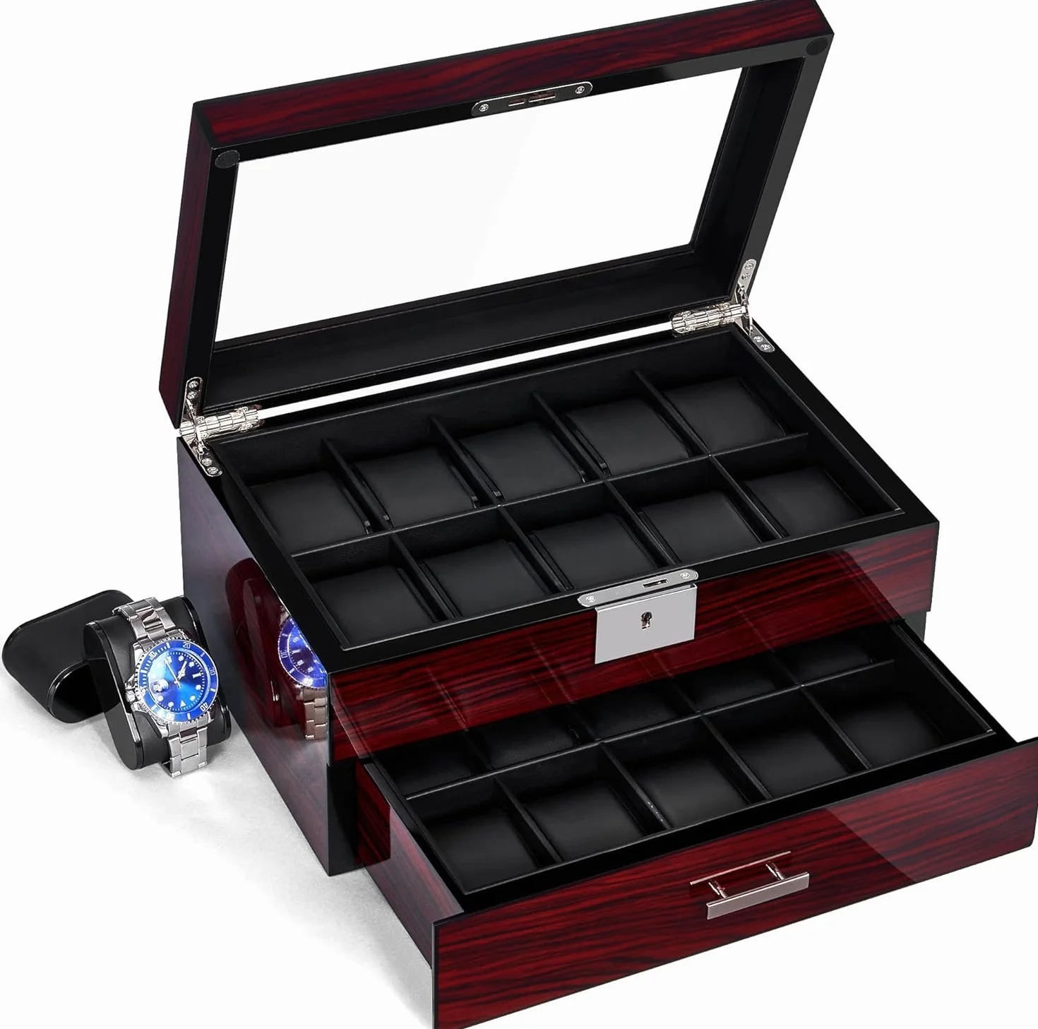 ANWBROAD Caja para Relojes 20 Compartimentos Con Cerradura Vitrina 2 Niveles JWB002Y