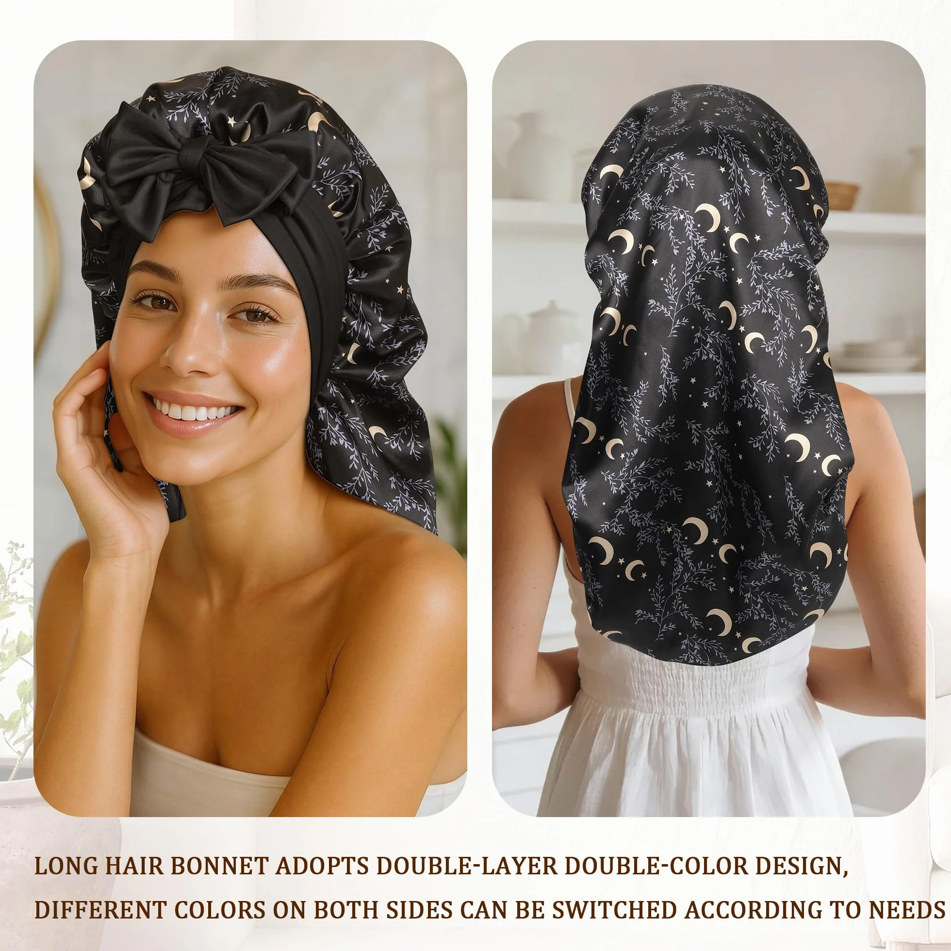 Gorro Largo de Satén Reversible de Doble Capa para Mujer Dormir con Banda
