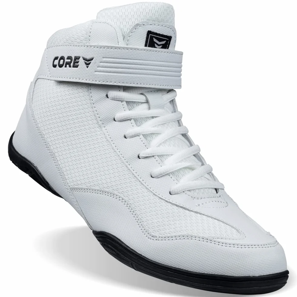 CORE Botas de Lucha para Hombre, Mujer y niños, Antideslizantes Zapatillas de Lucha Libre, para Deportes de Combate, Wrestling Shoes, Crossfit y Levantamiento de Pesas, Blanco