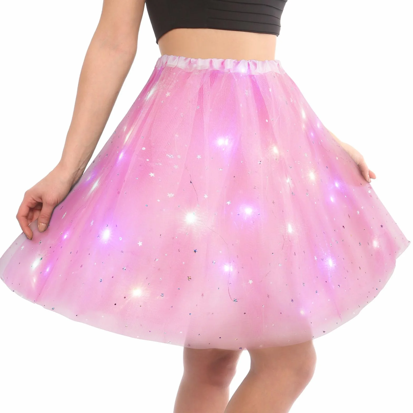 Falda Tutú LED para Mujer con Luz, Tul Adultos, Disfraz Halloween Carnaval, Rosa