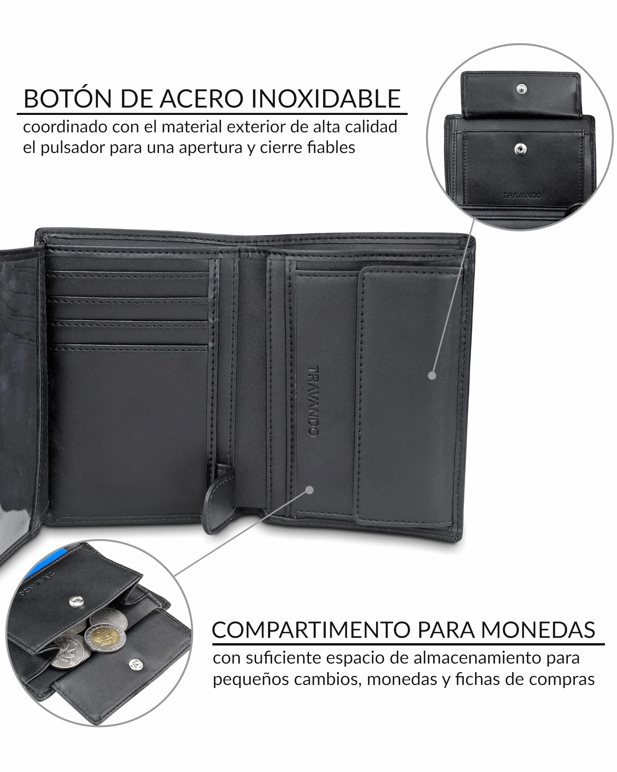 TRAVANDO Cartera Hombre Dublin con Bloqueador RFID Billetera Negra Tarjetero Monedero
