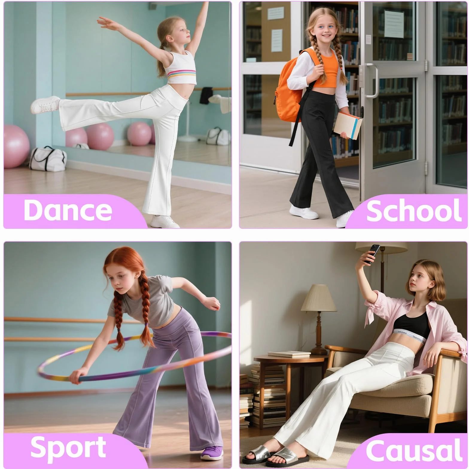 JinBei Leggings Niñas Pantalones Acampanados Cintura Alta Mallas Deportiva Elástica con Bolsillos, 7-15 Años