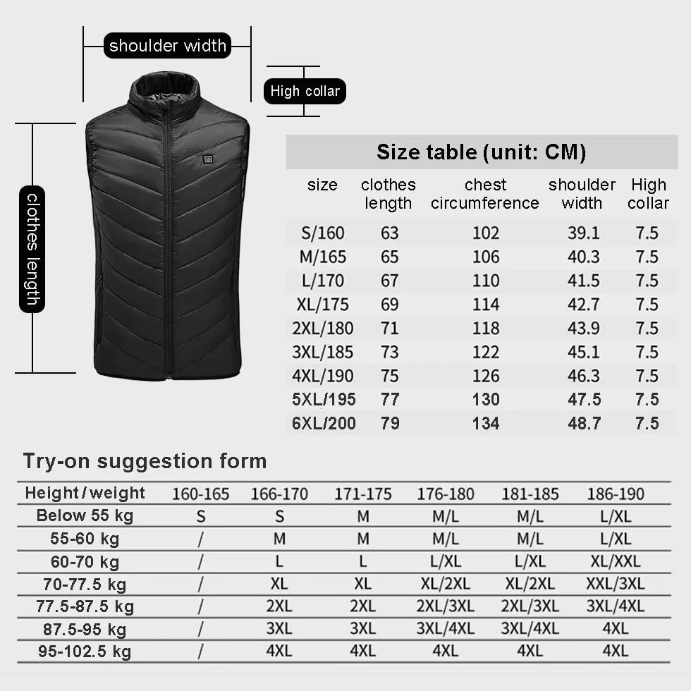 Chaqueta Calefactor Eléctrica USB 3 Temperaturas Ajustable Hombre Mujer Invierno