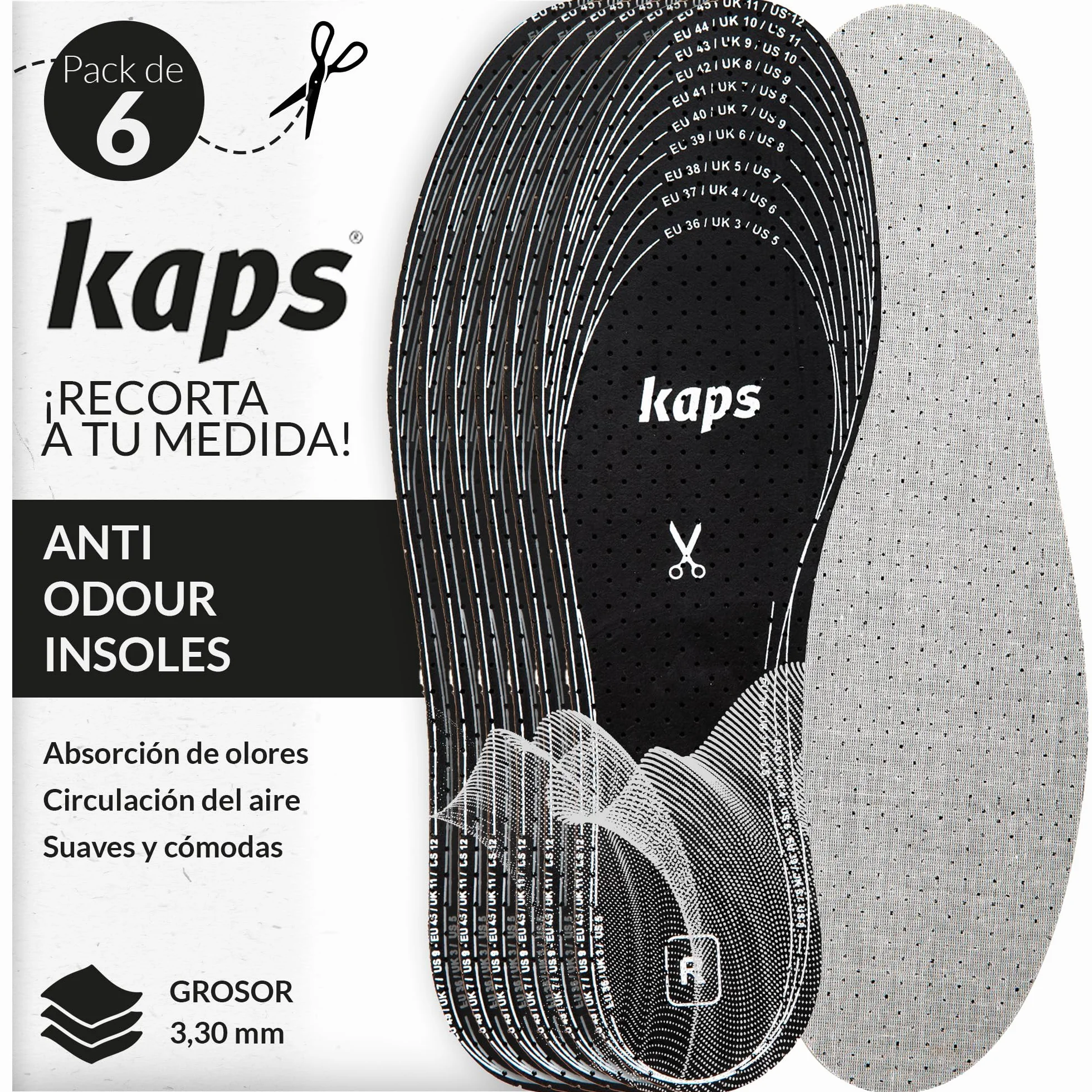 Kaps Paquete de 6 Pares Plantillas Anti-Olor Carbón Vegetal Insertos Zapatos Odour Stop Corte Medida