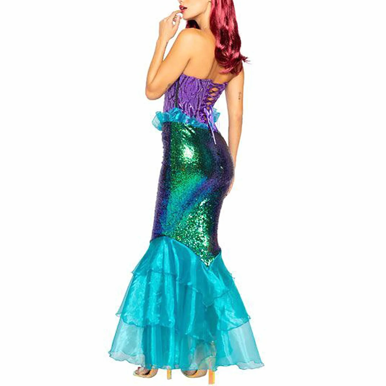 Disfraz de sirena para mujer vestido largo sin tirantes con volantes lentejuelas falda cola Halloween