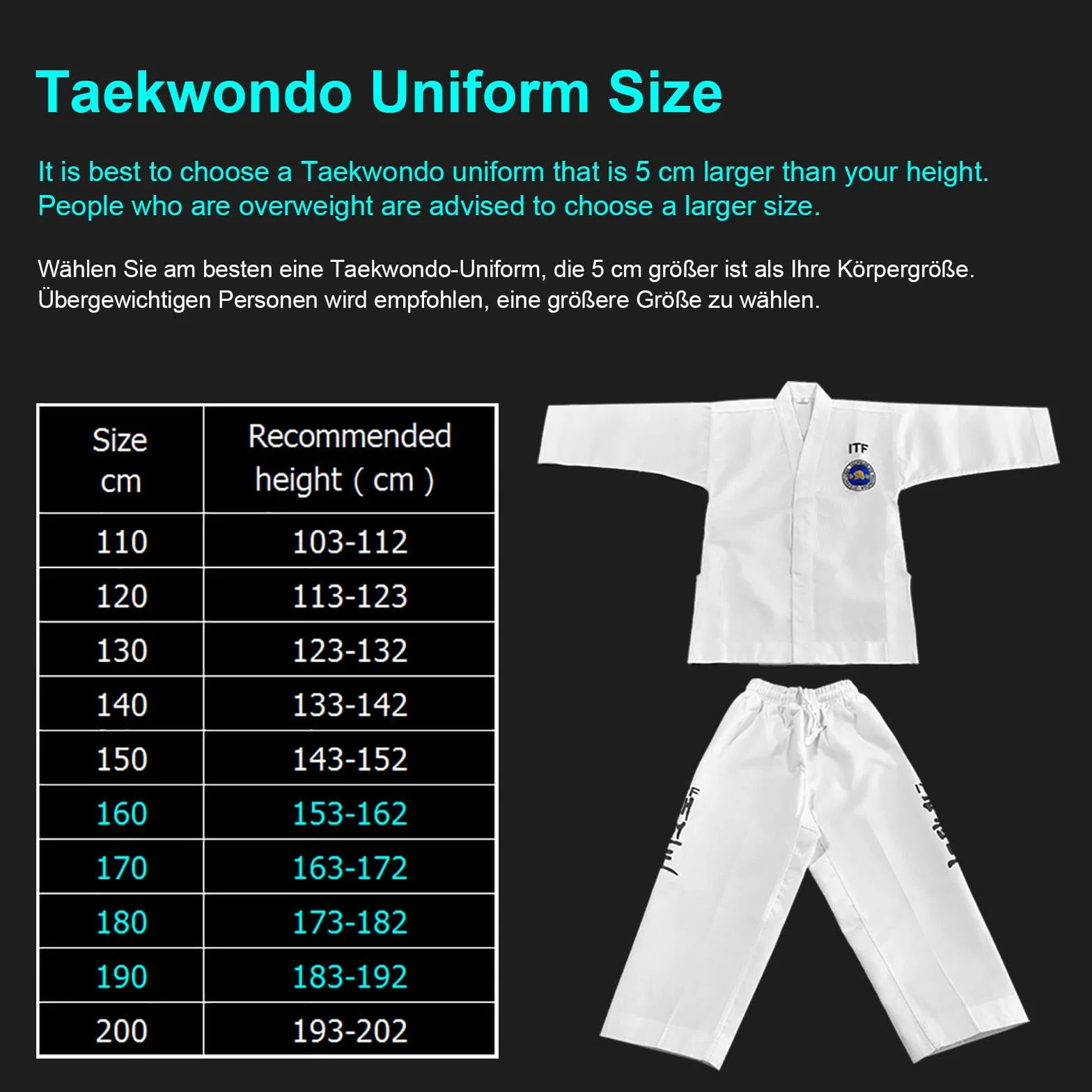 Kimono de Taekwondo ITF para Niños y Adultos, Karate Kimono con Cinturilla, Jiu Jitsu Ligeros Polialgodón, Entrenamiento Sparring Negro-180