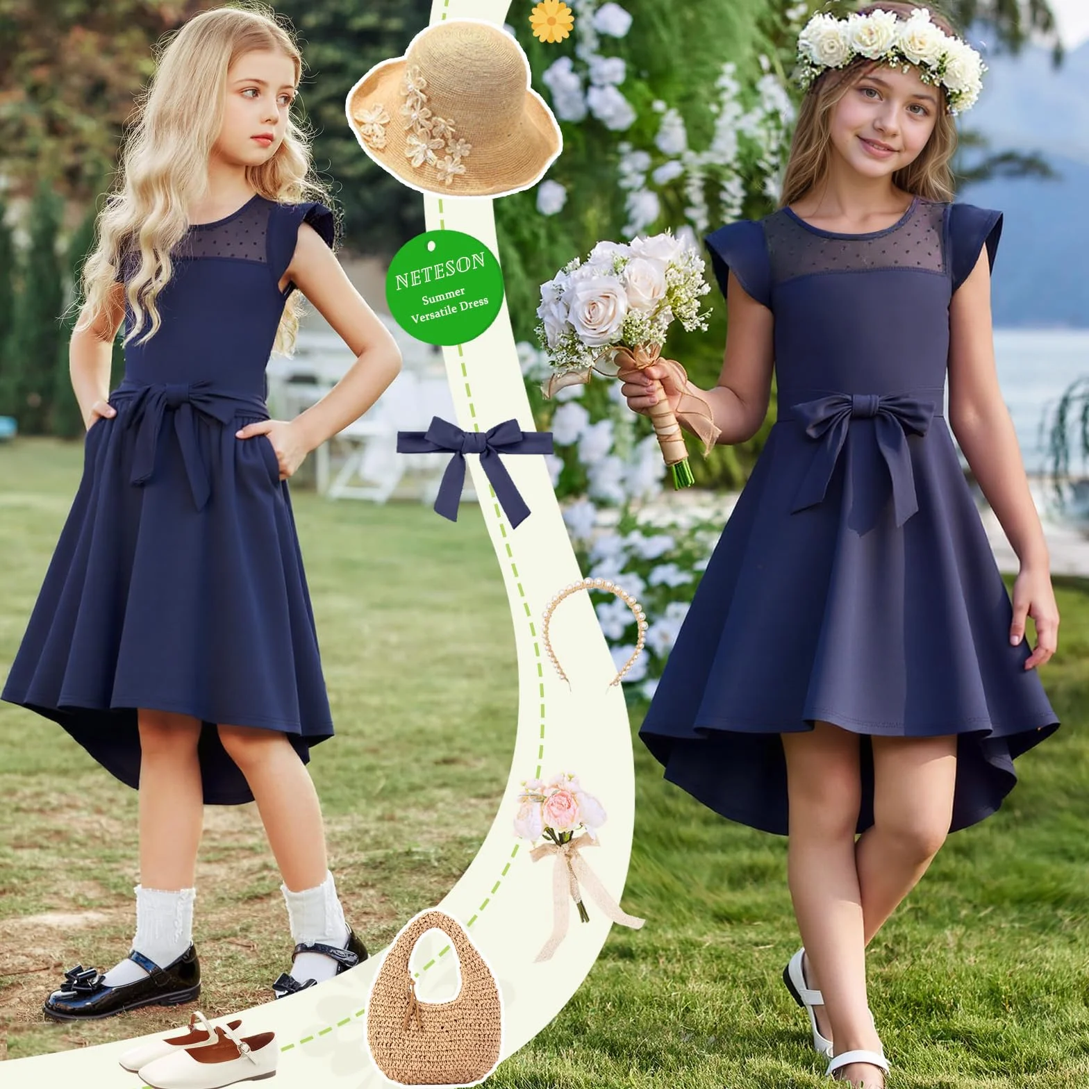 Vestidos de Verano para Niñas Elegantes Sin Mangas Cuello Redondo 6-15 Años