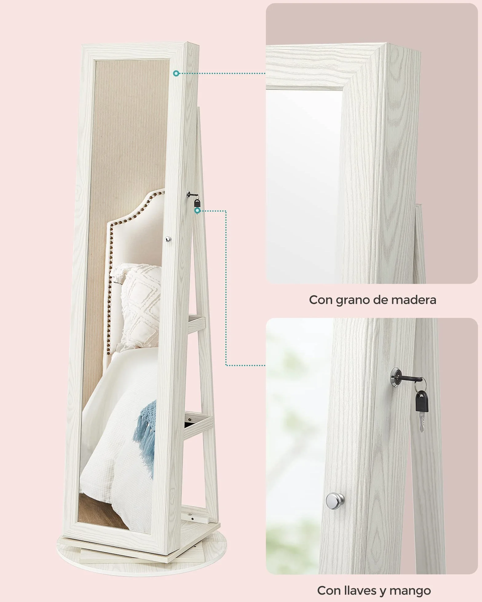 SONGMICS Armario Joyero con Espejo Entero Giro 360° JBC62W Blanco