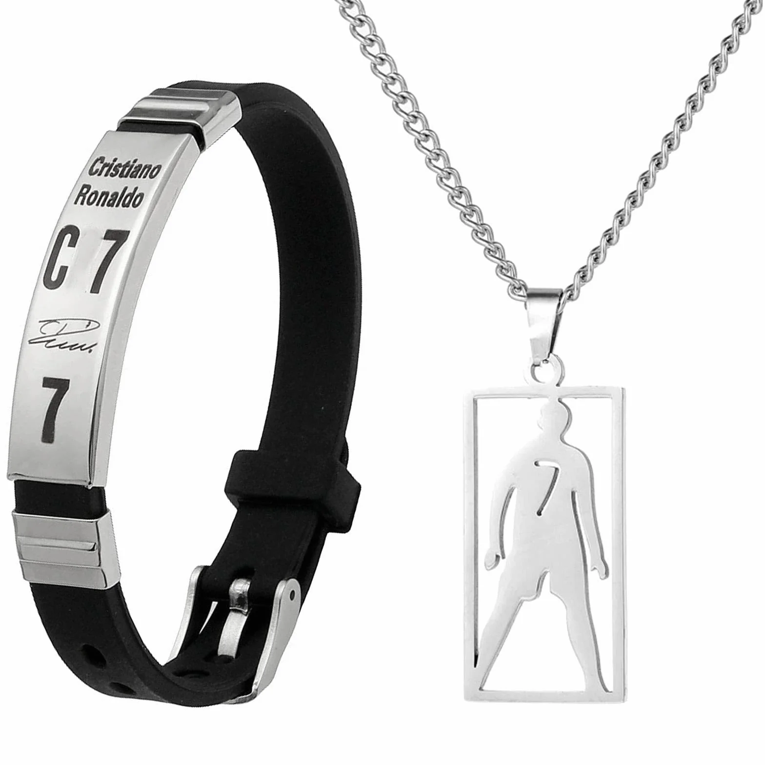Juego de collar de fútbol de acero inoxidable ajustable y pulsera de silicona para hombres