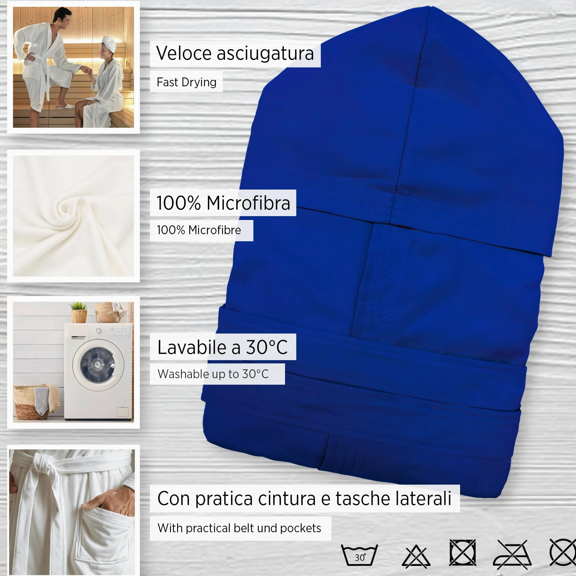 Albornoz de Microfibra Unisex Hombre Mujer Fitness Deporte Viaje con Capucha, Bolsillos y Cinturón con trabillas – Secado Rápido, Ligero y Ahorra Espacio