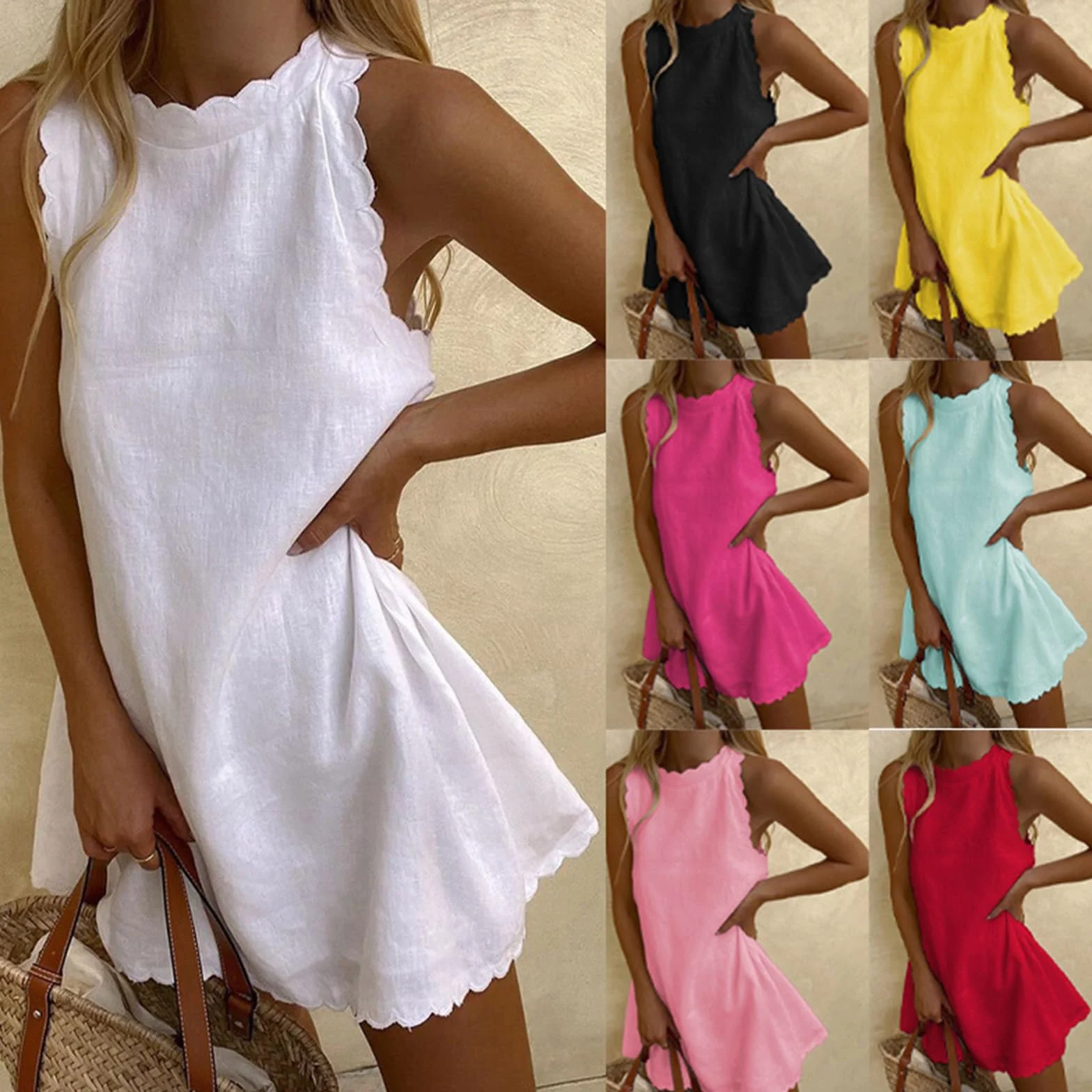 Vestido Playa Lino Elástico Escote V Festoneado Sin Mangas Cremallera Trasera