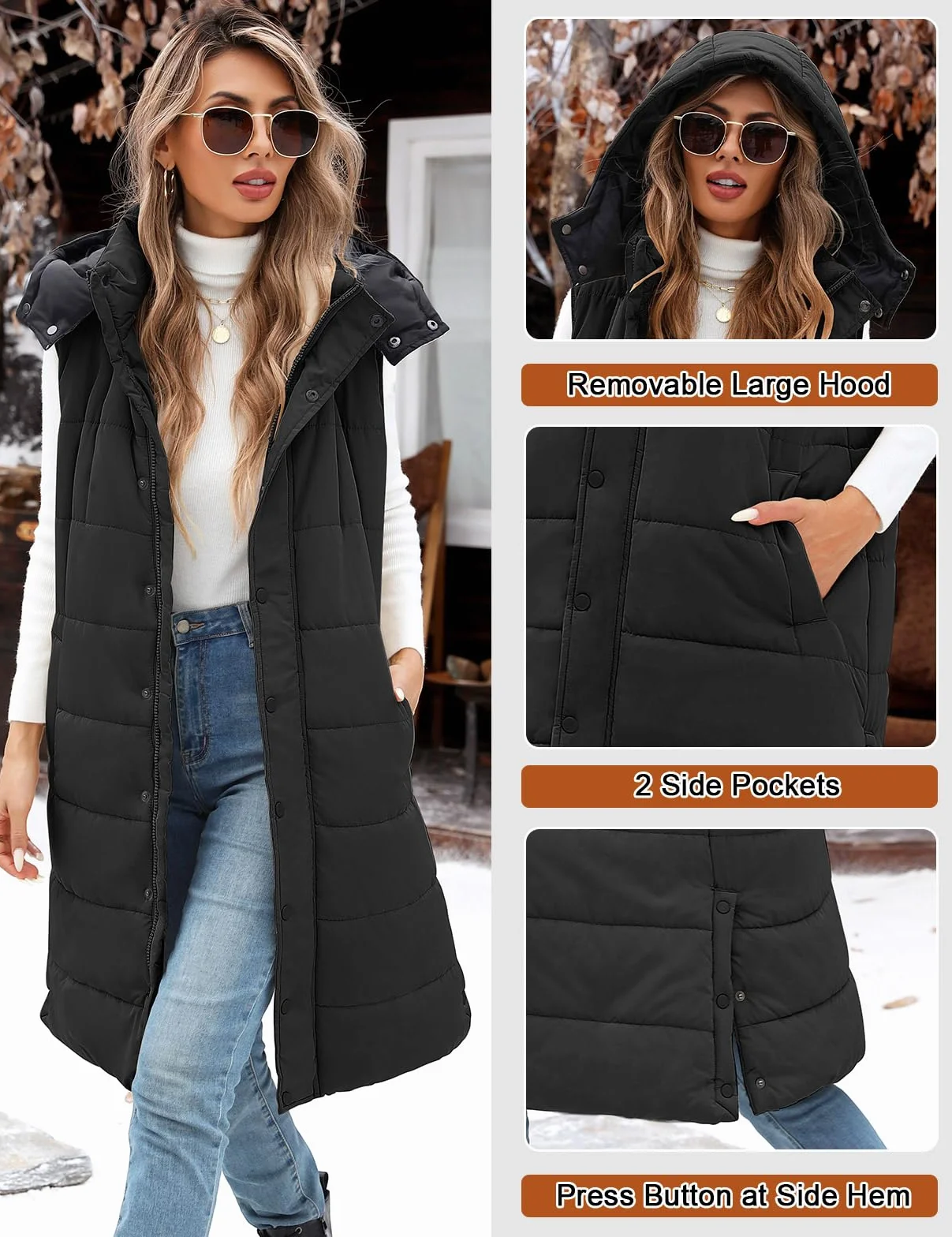 Tuopuda Chaleco Largo para Mujer de Capucha con Cremallera Chaleco Acolchado de Plumas Chaqueta de Invierno sin Mangas Abrigo de Cálidos on Bolsillos