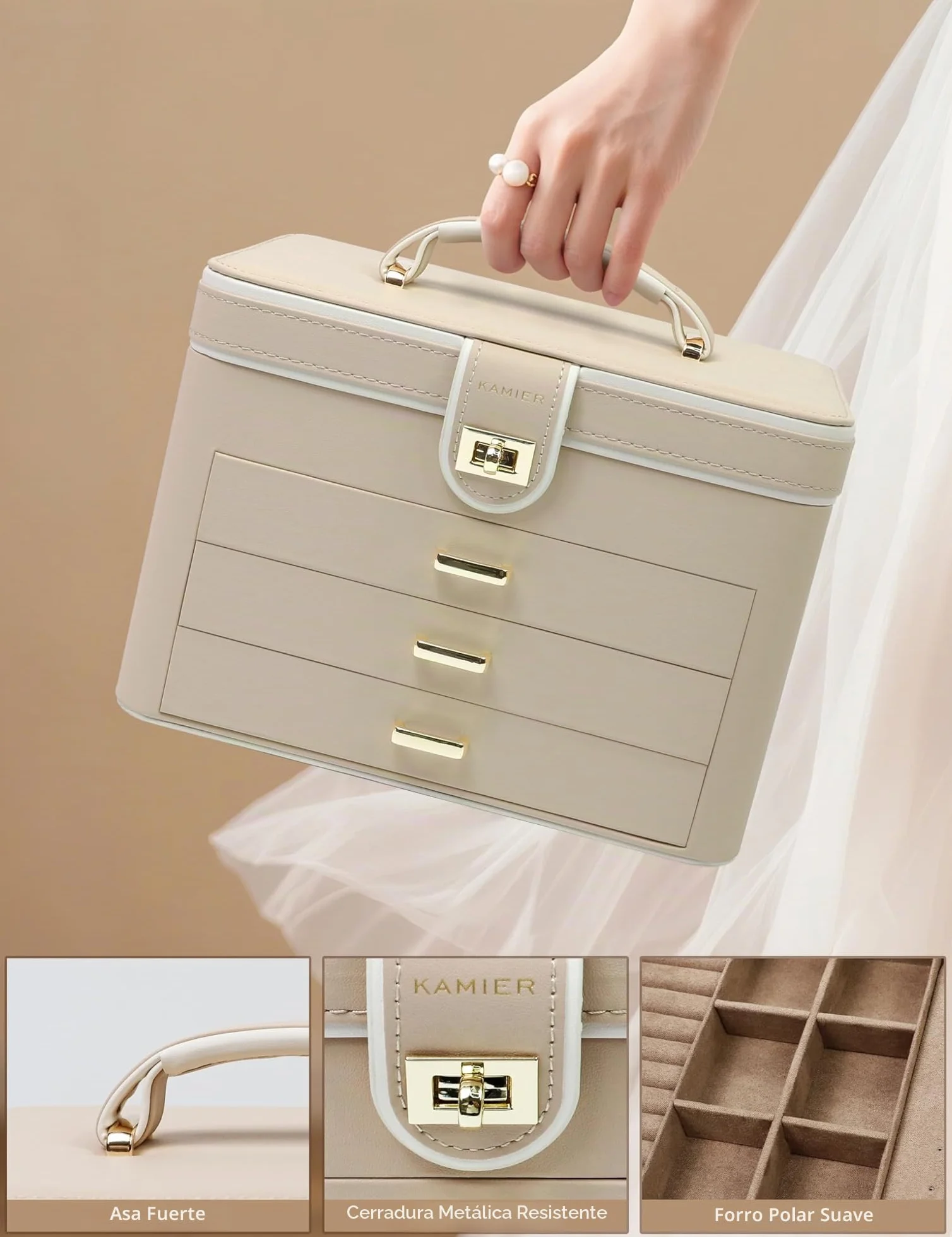 KAMIER Joyero Grande de 4 Niveles, Caja de Joyas con Espejo, Cajones y Cerradura, Piel Sintética, Beige