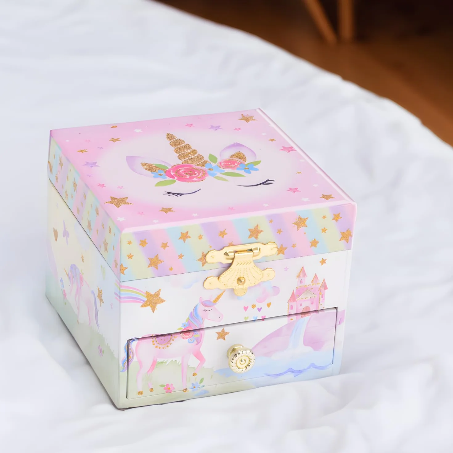 Jewelkeeper Joyeros Infantiles Cajón Musical Unicornio Arcoíris Brillante Cofre Tesoro Rosa 12 x 11 x 9 cm