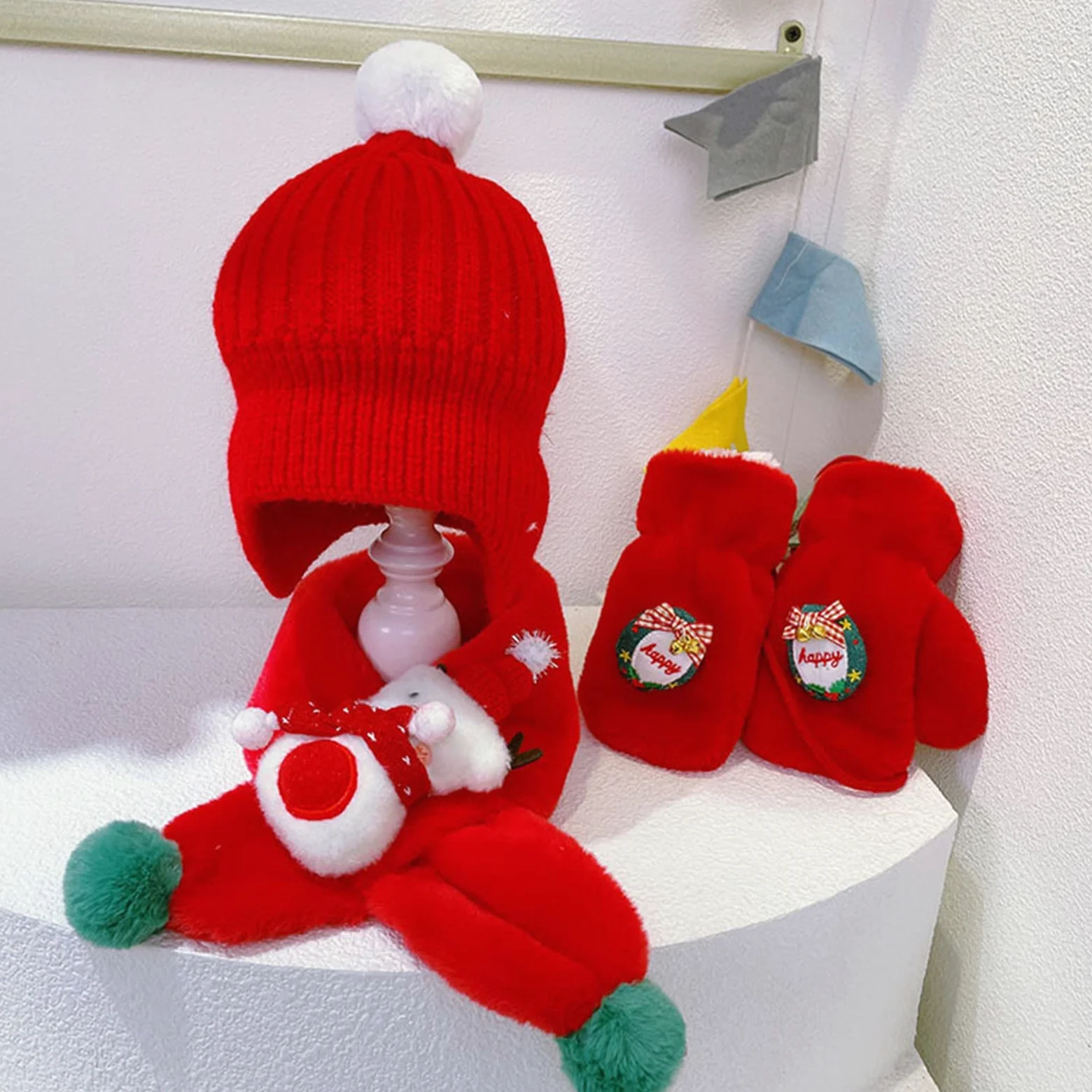 Gorros de Navidad de 2 a 8 años, bufanda, guantes, gorras de punto, gorro de pompón, gorro de Navidad, gorros para niños pequeños