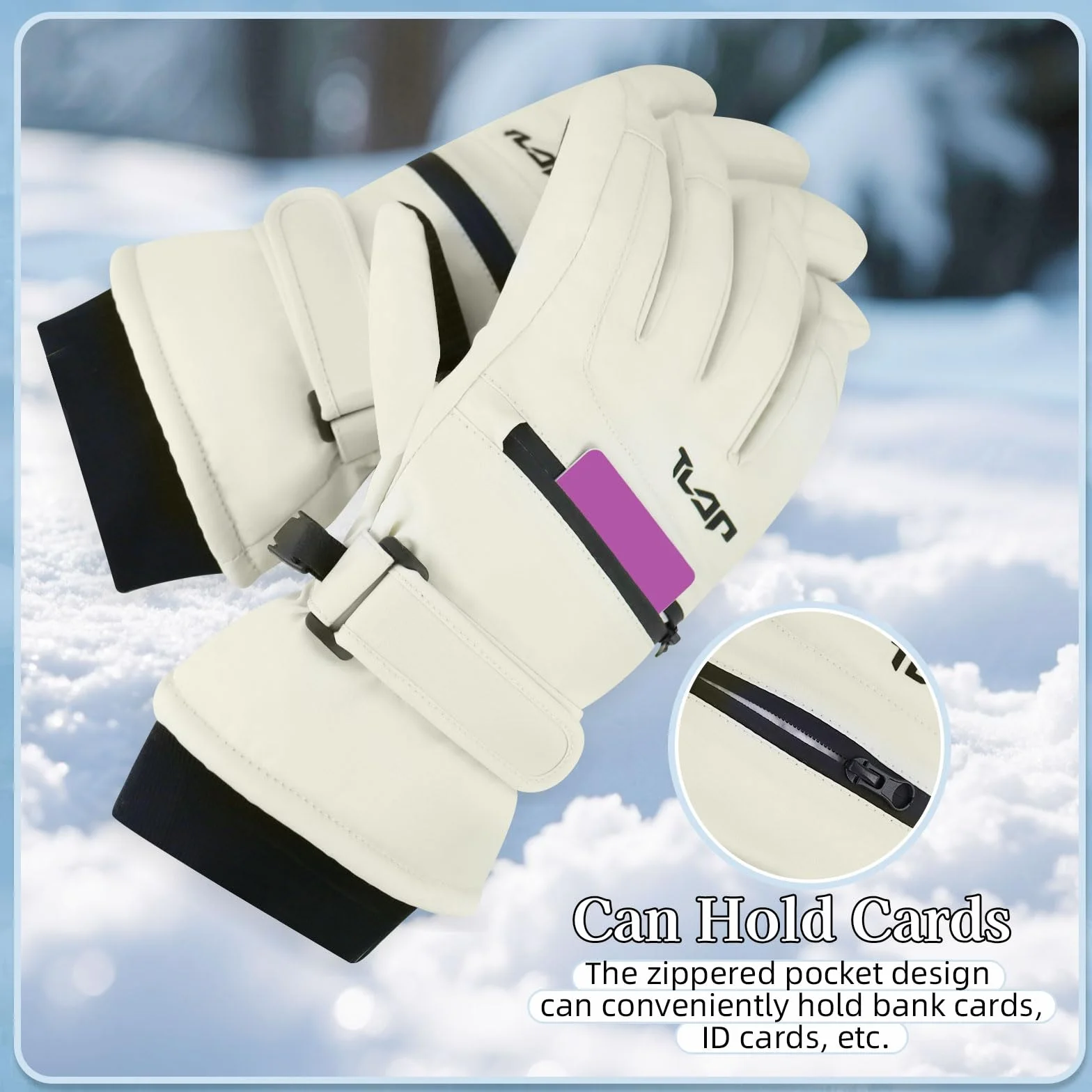 Guantes de esquí impermeables para mujer térmicos a prueba de viento con bolsillo cremallera