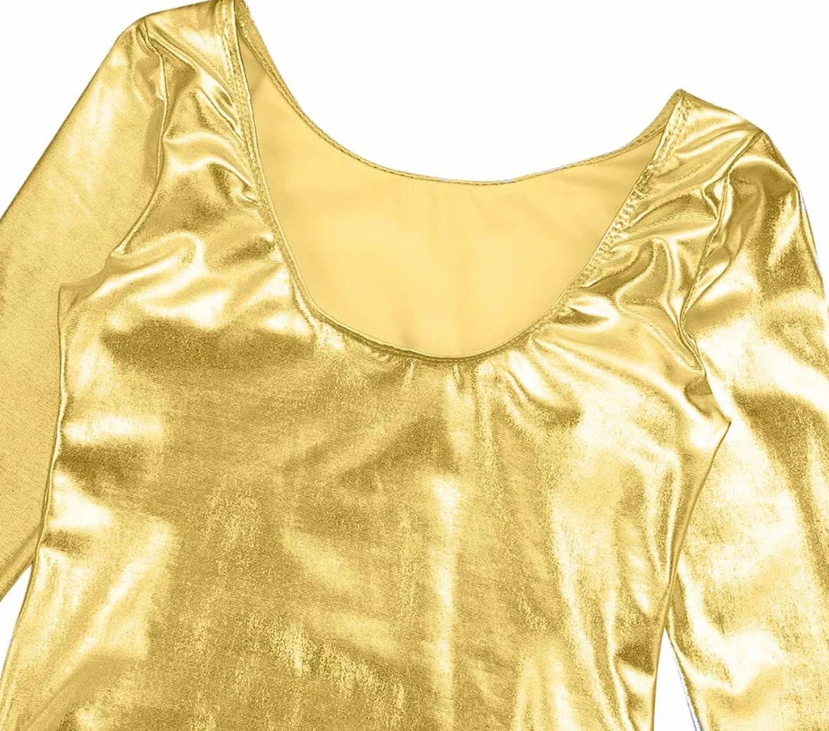 Leotardo Clásico Brillante Elástico Manga Larga Cuello Redondo para Niñas Bailarina