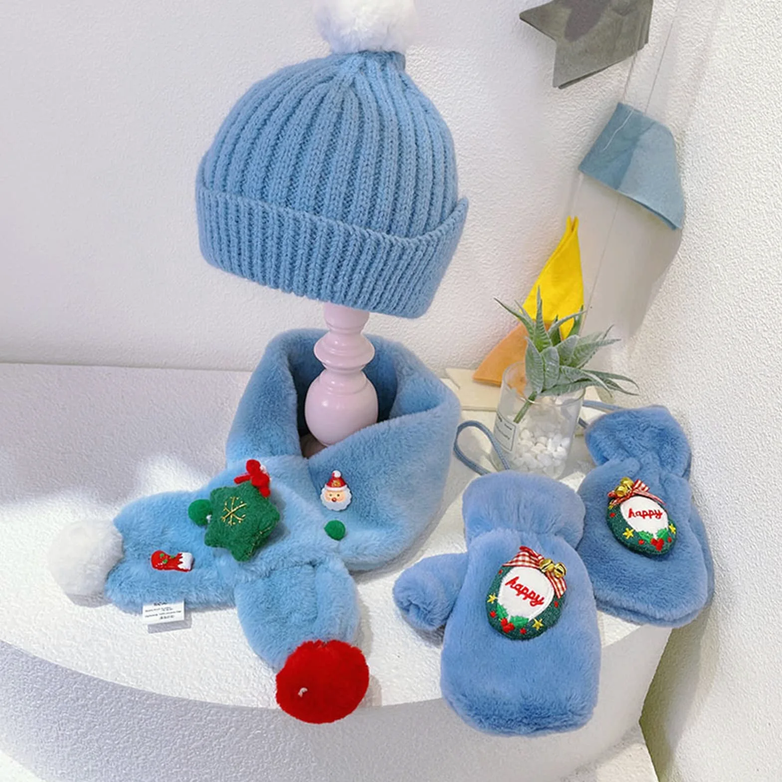Gorros de Navidad de 2 a 8 años, bufanda, guantes, gorras de punto, gorro de pompón, gorro de Navidad, gorros para niños pequeños