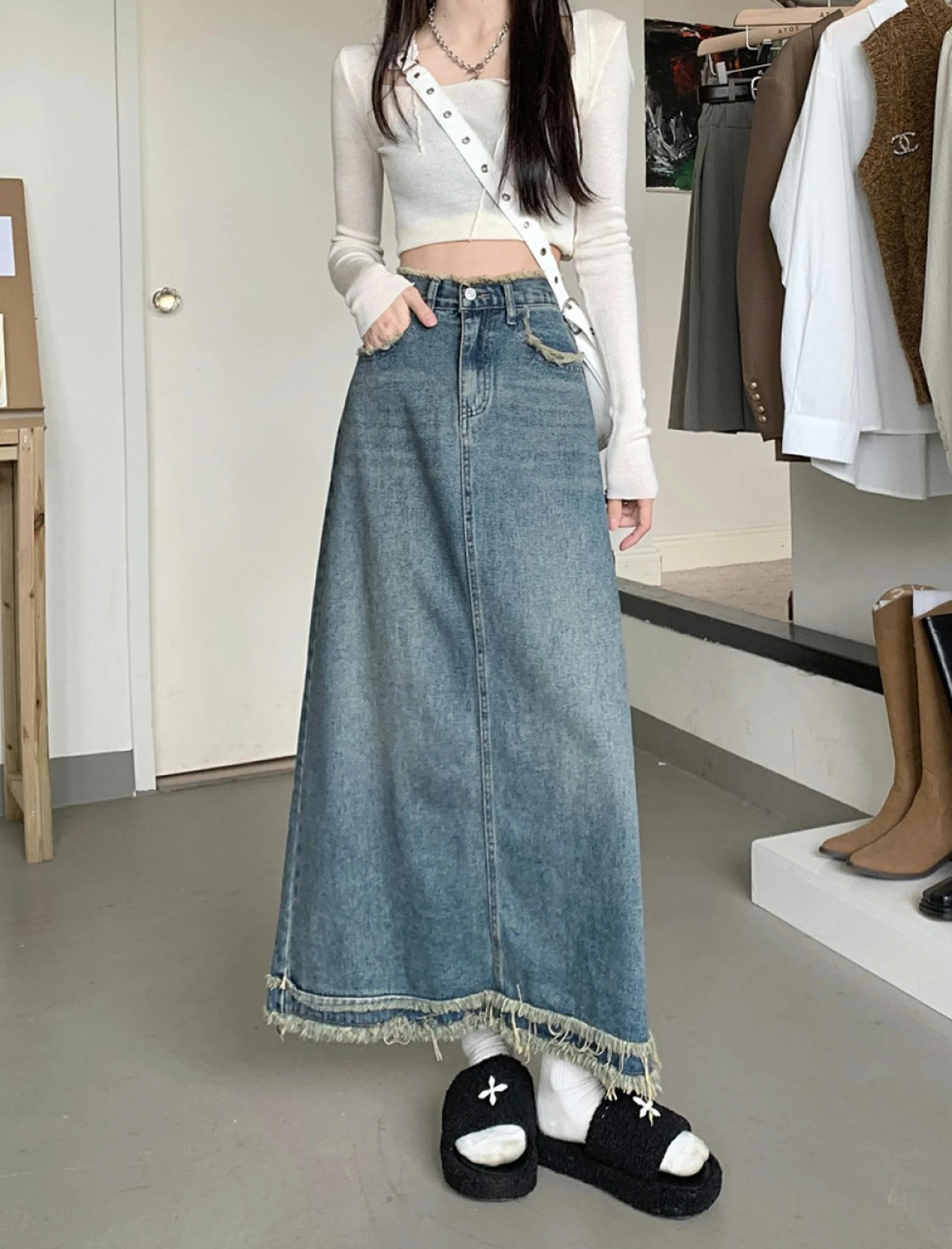 Falda Larga Vintage Azul Mujer Otoño Invierno Cintura Alta Paraguas Borde Crudo Vaquera Y2K