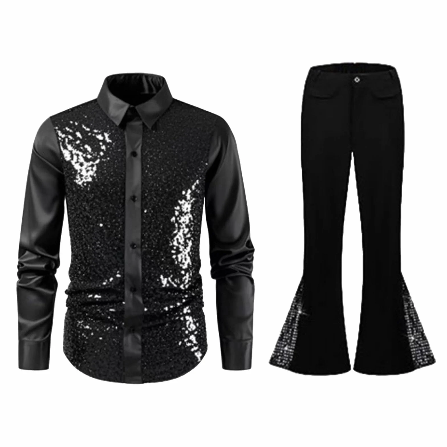 Traje de lentejuelas brillantes para hombre, camisa larga y pantalón elefante, chándal carnaval 60s Groovy baile latino