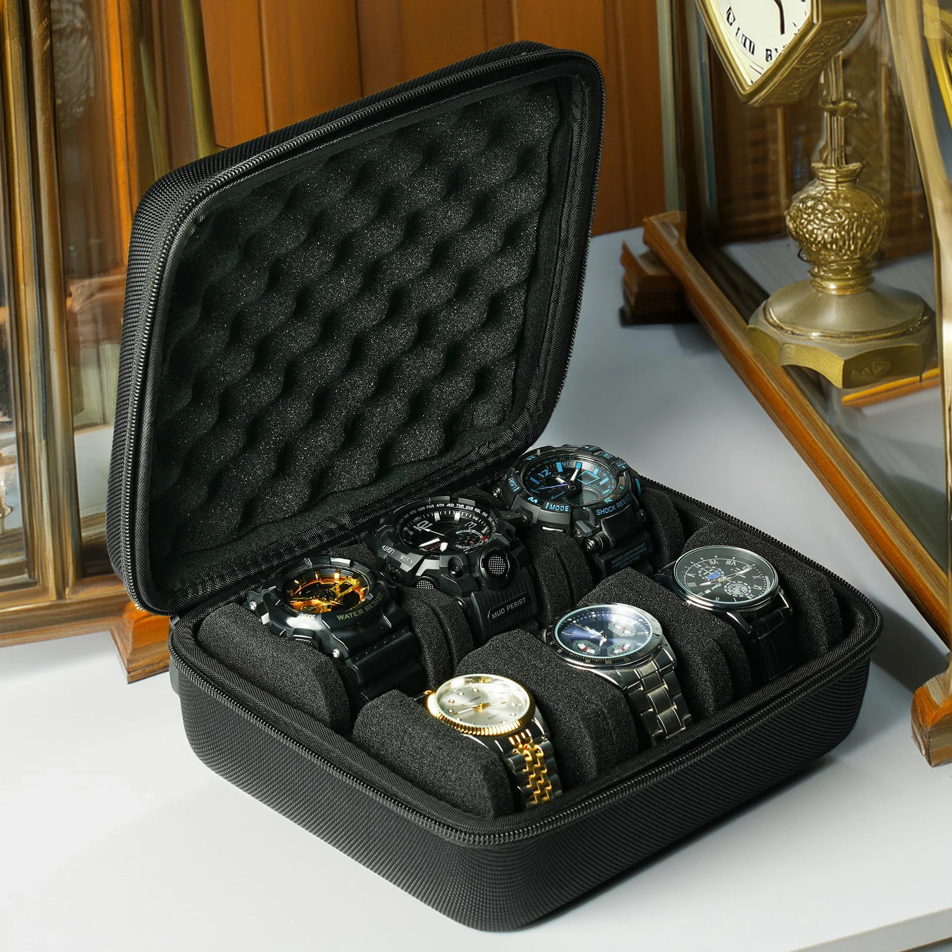 Estuche rígido para reloj 6 ranuras organizador de viaje caja dura negro 2 compartimentos