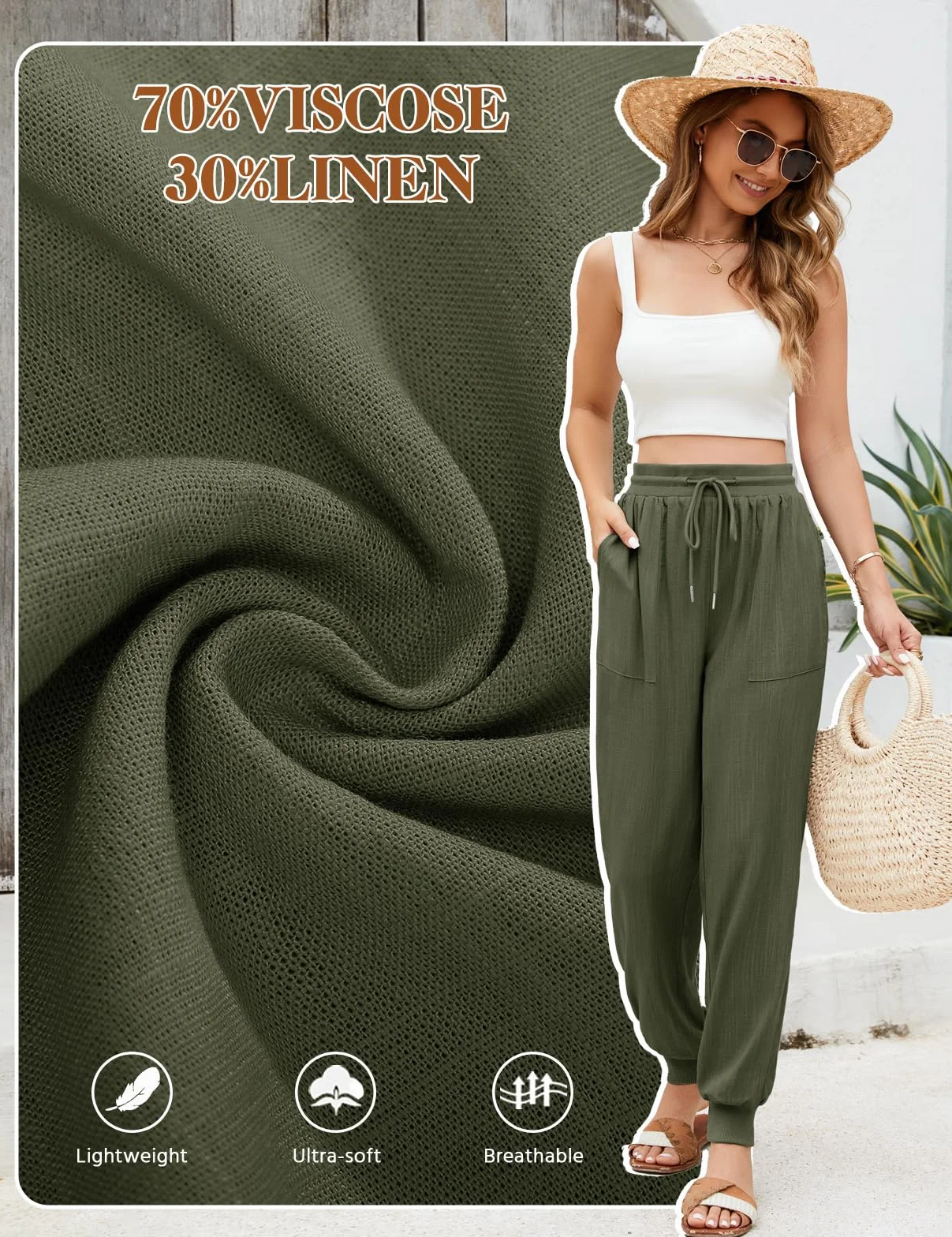 Yuson Pantalones Mujer Verano Lino Palazzo Cintura Alta Rectos Cómodos Bolsillos Cordón