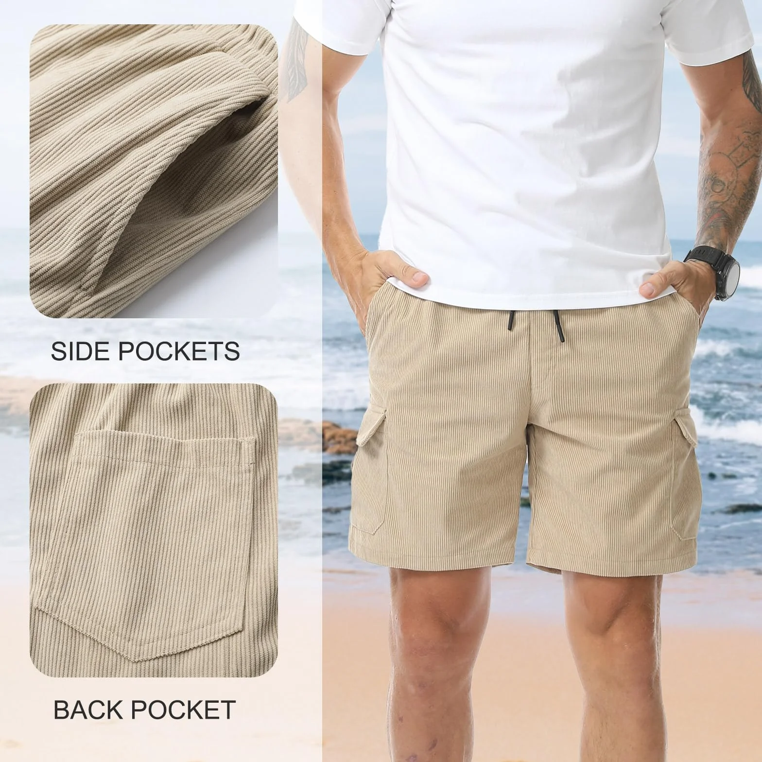 Pantalones Cortos de Pana Cargo Hombre Bermuda con Bolsillos