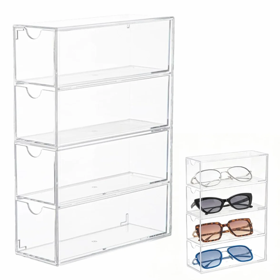 Organizador de Gafas de Sol Acrílico 24,5 x 17,5 x 6,5 cm Caja con 4 Cajones Transparente Apilable