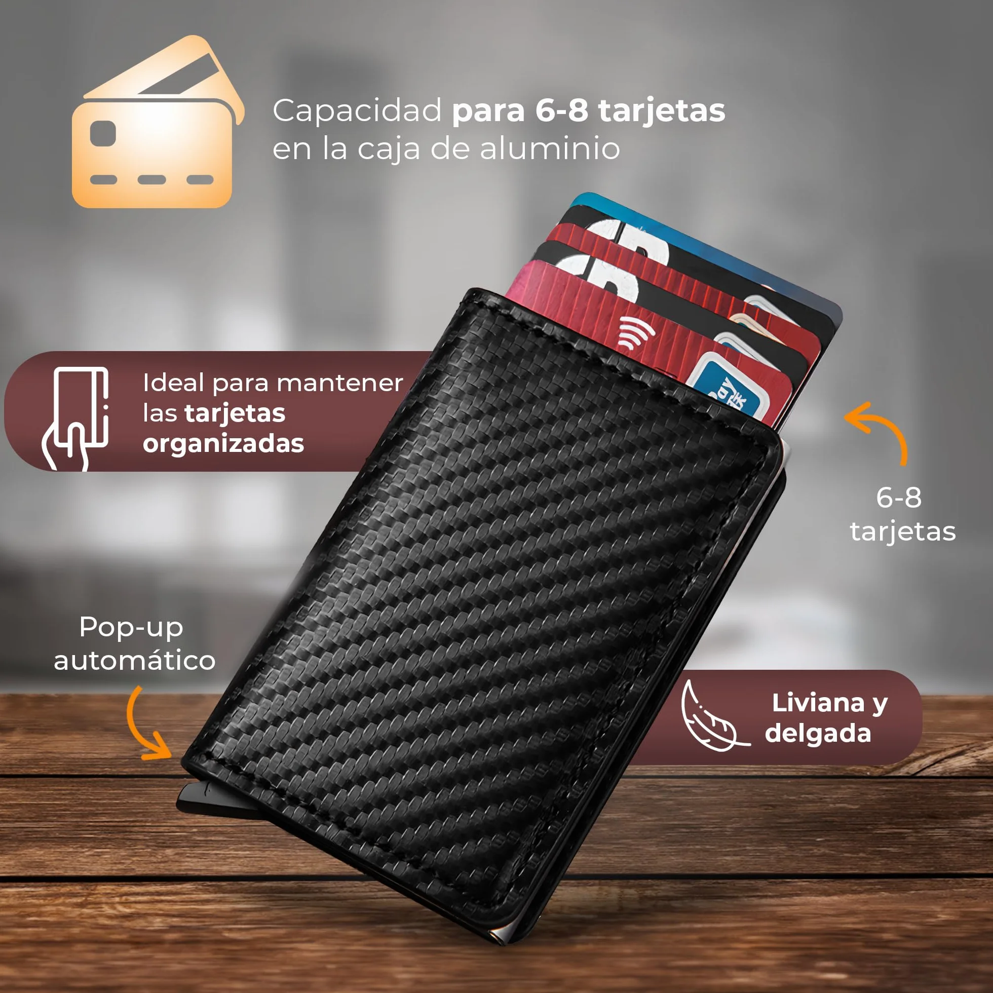 Cartera Hombre Pequeña con Tarjetero Automático Interior Aluminio Protección RFID Capacidad 6 Tarjetas Billetes Documentación Cuero Diseño Compacto Antirrobo