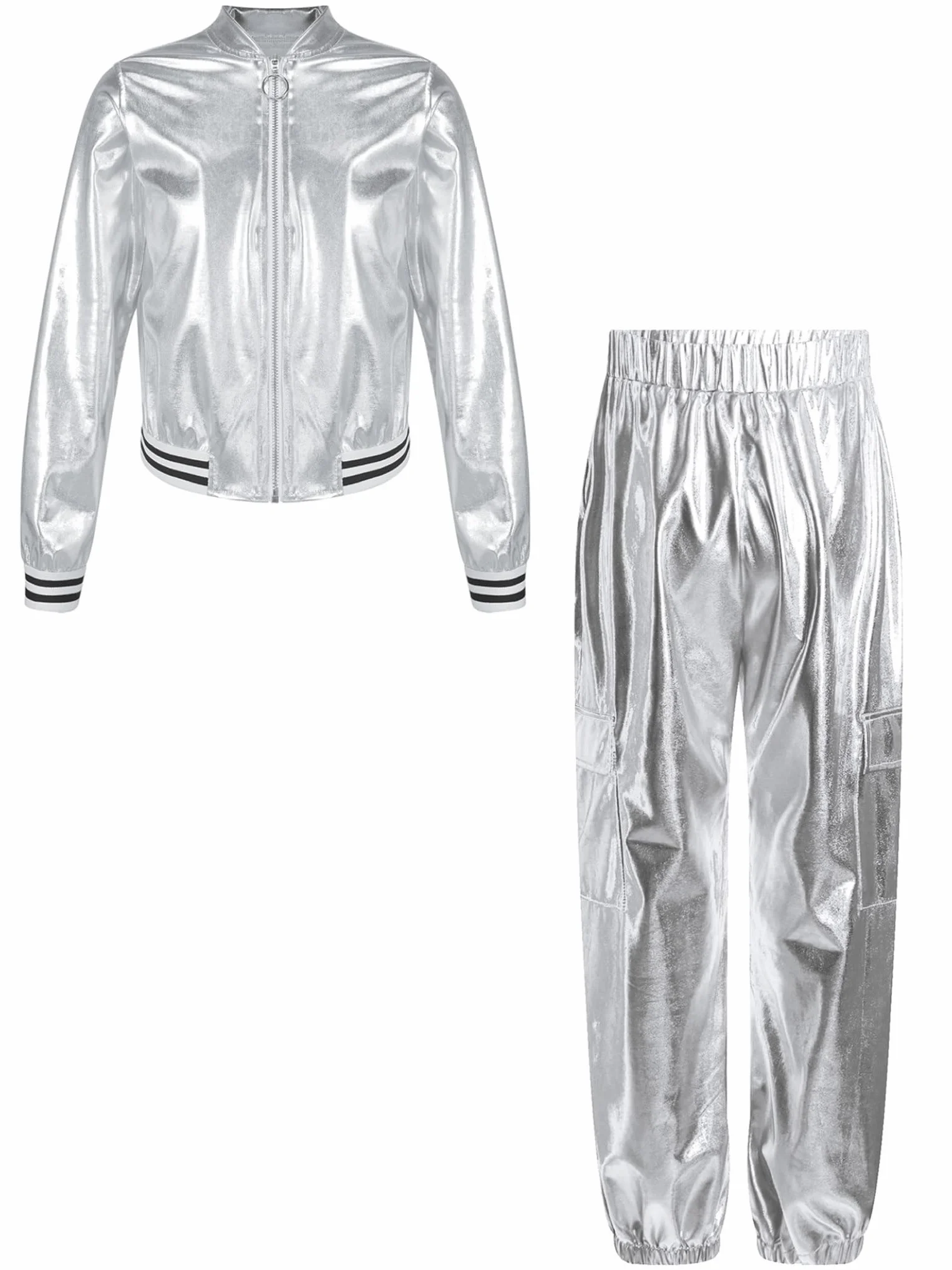 Traje deportivo metálico niña manga larga pantalón holográfico años 70 80