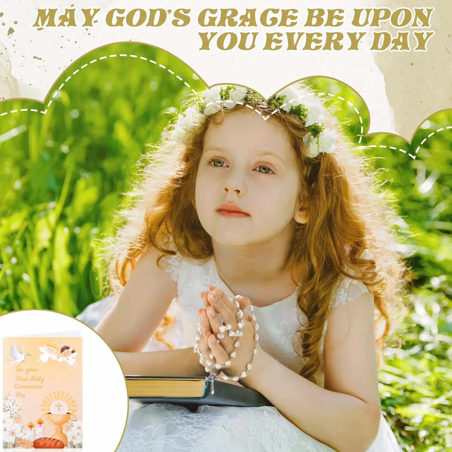 Set de 3 Rosario Corazón Primera Comunión con Tarjetas y Bolsa Cordón Collar Metálico Cruz Perlas Católicas para Niñas Niños Regalo Bautizo