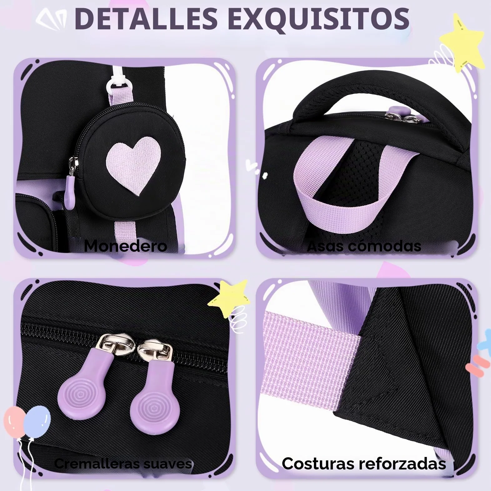 Amythe Mochila Escolar para Niñas Primaria con Bolsa de Monedas, Negro | Mochila Colegio para Chicas 8 a 12 años, Mochilas Grande para Portátil 15.6", Bolso de Viaje Casual Ligera, Apta Carro
