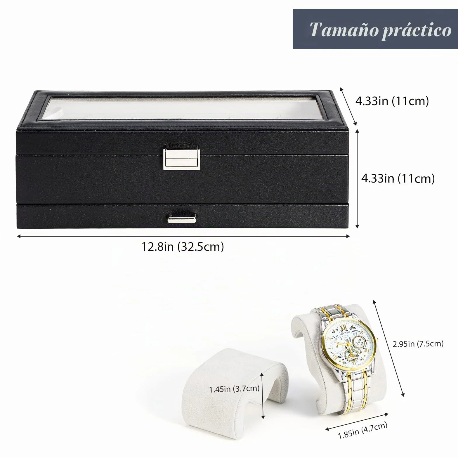 ProCase Caja de Relojes 6 Ranuras Cajón 2 Capas Tapa de Cristal Estuche Almacenamiento Negro