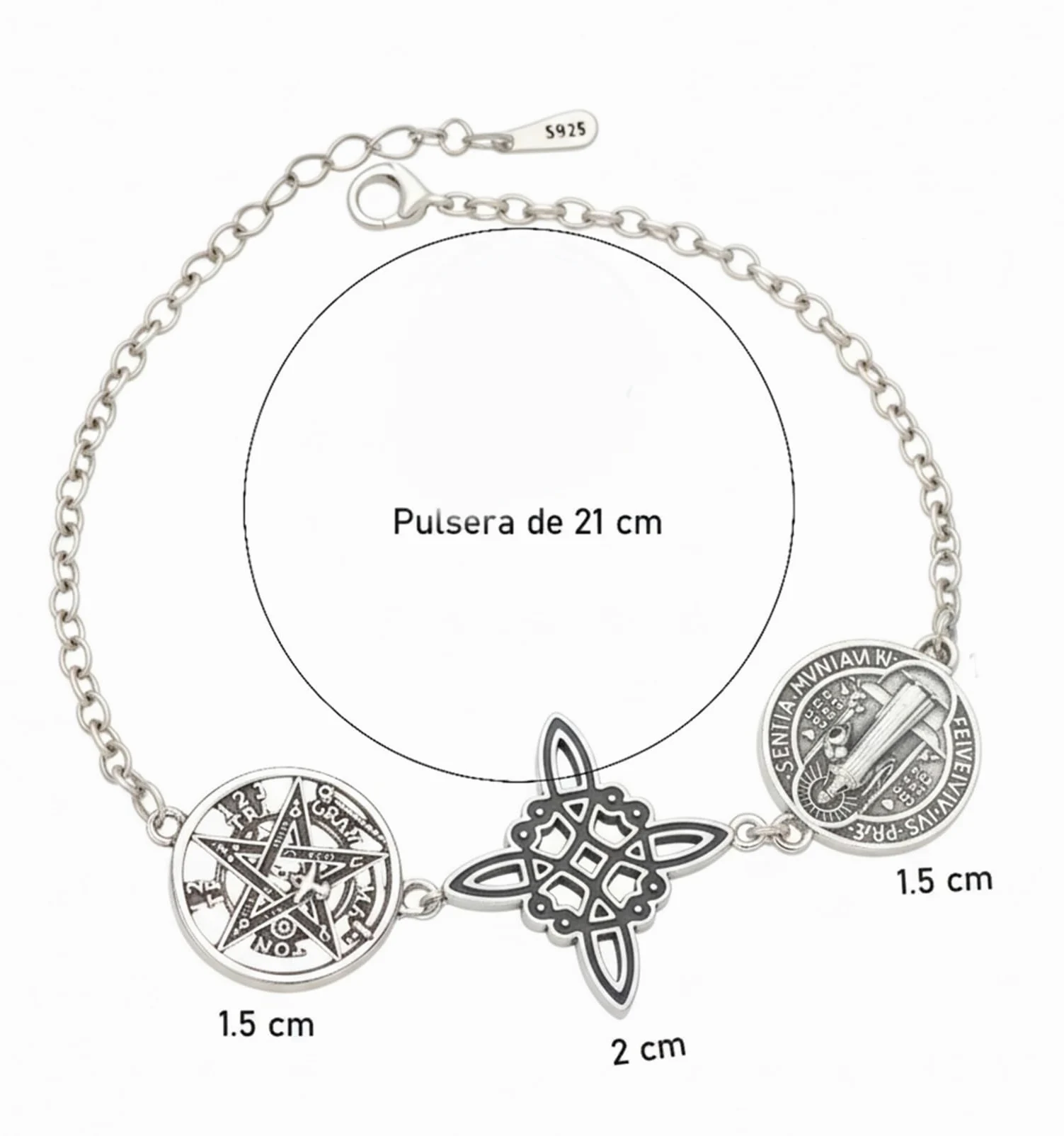 Pulsera Triple protección de Plata ley 925 Rodiada Medallla de San benito, Amuleto, 18 cm Ajustable
