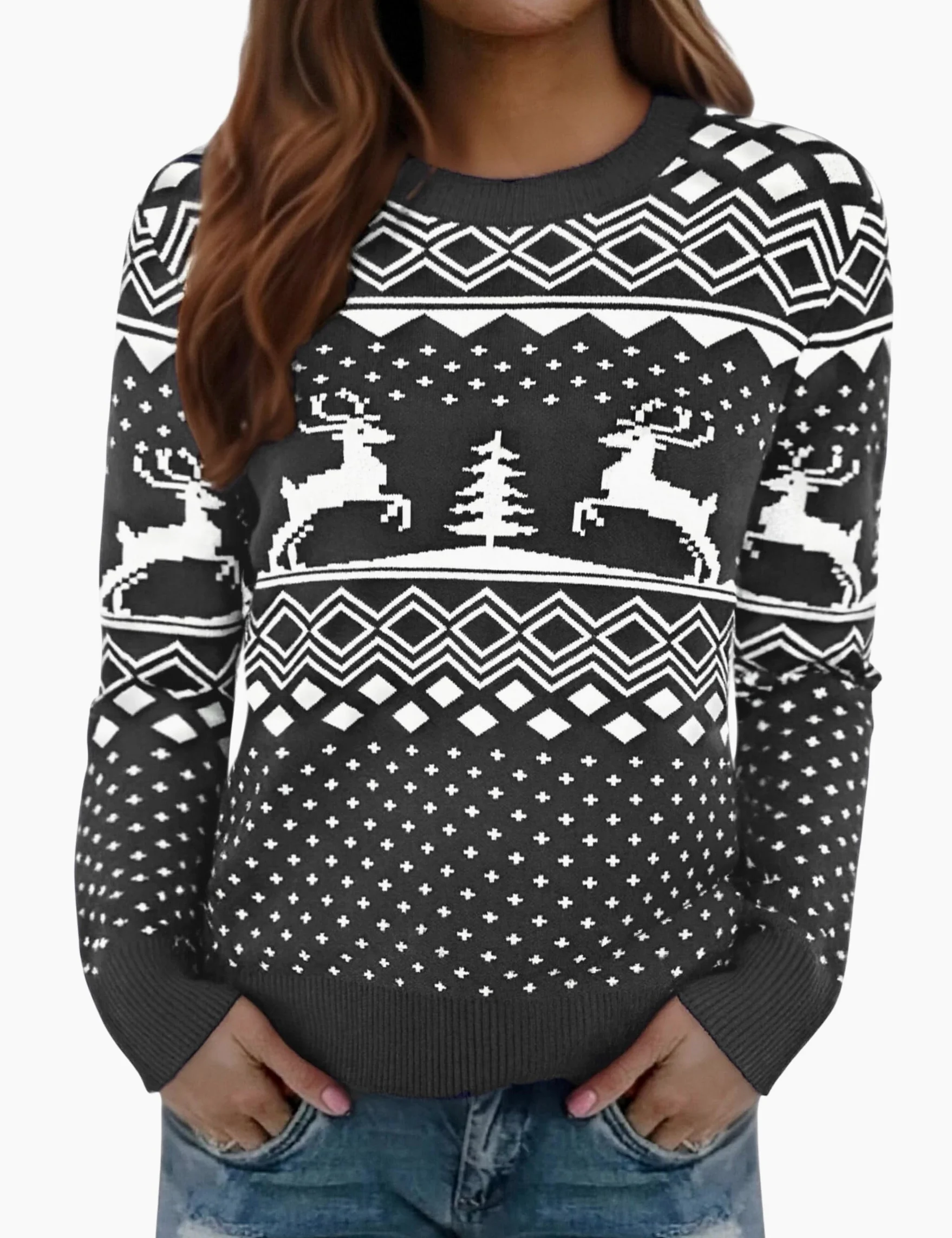 Jersey Navidad Mujer de Punto con Reno y Árbol | Este jersey Navidad mujer de punto suave y cálido luce reno y árbol para fiestas de invierno y regalos navideños