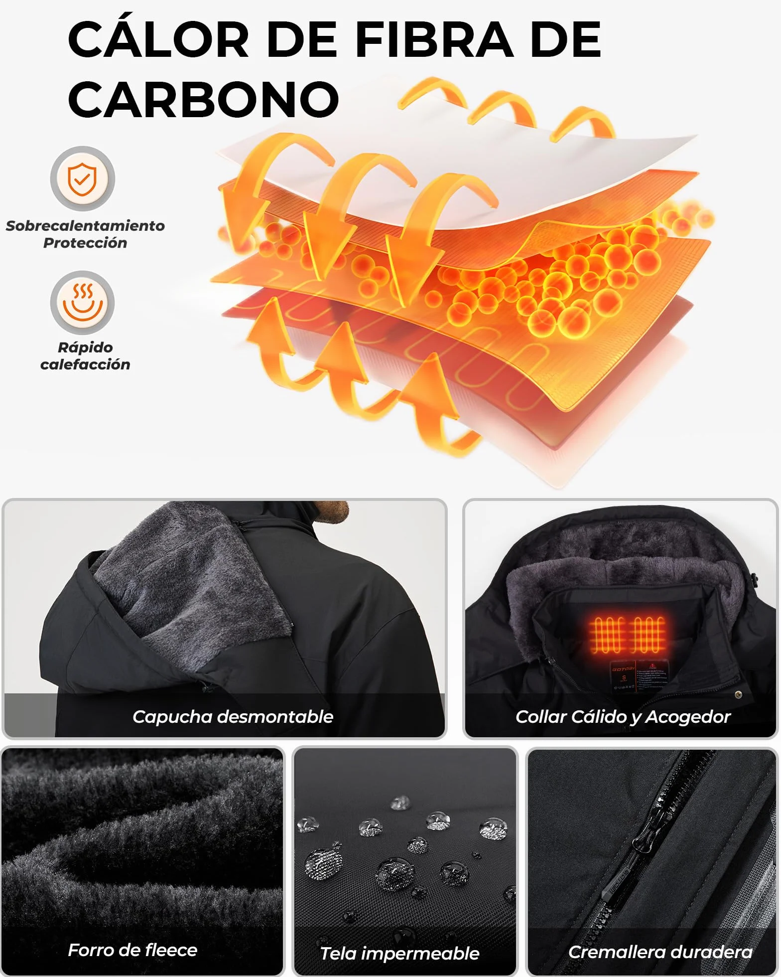 Chaqueta Calefactable Hombre 12V 18400mAh 8 Zonas Calentamiento 3 Niveles Temperatura Capucha Extraíble Negro XL