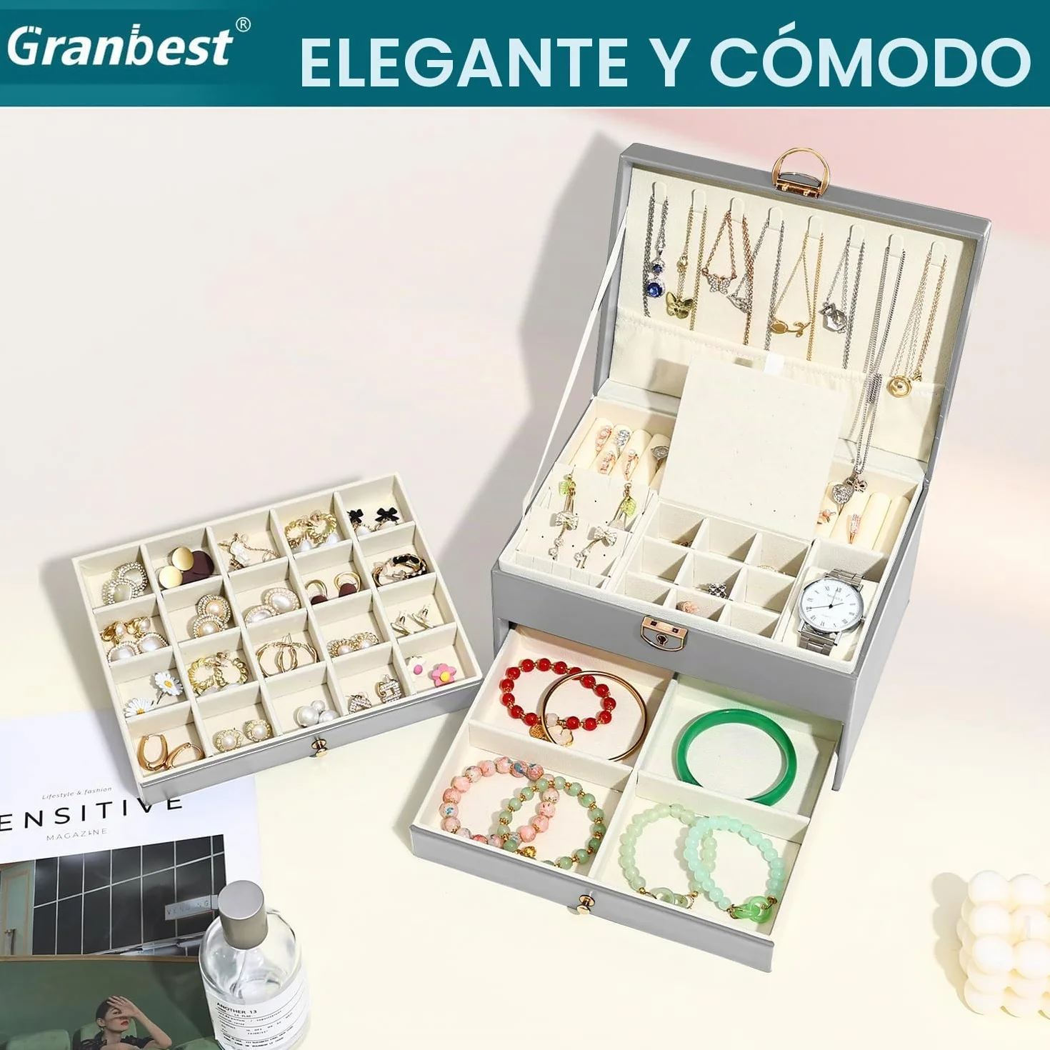 Granbest Joyero de 3 niveles con 2 cajones, caja de joyería de cuero para collares, pulseras, anillos y pendientes (gris)