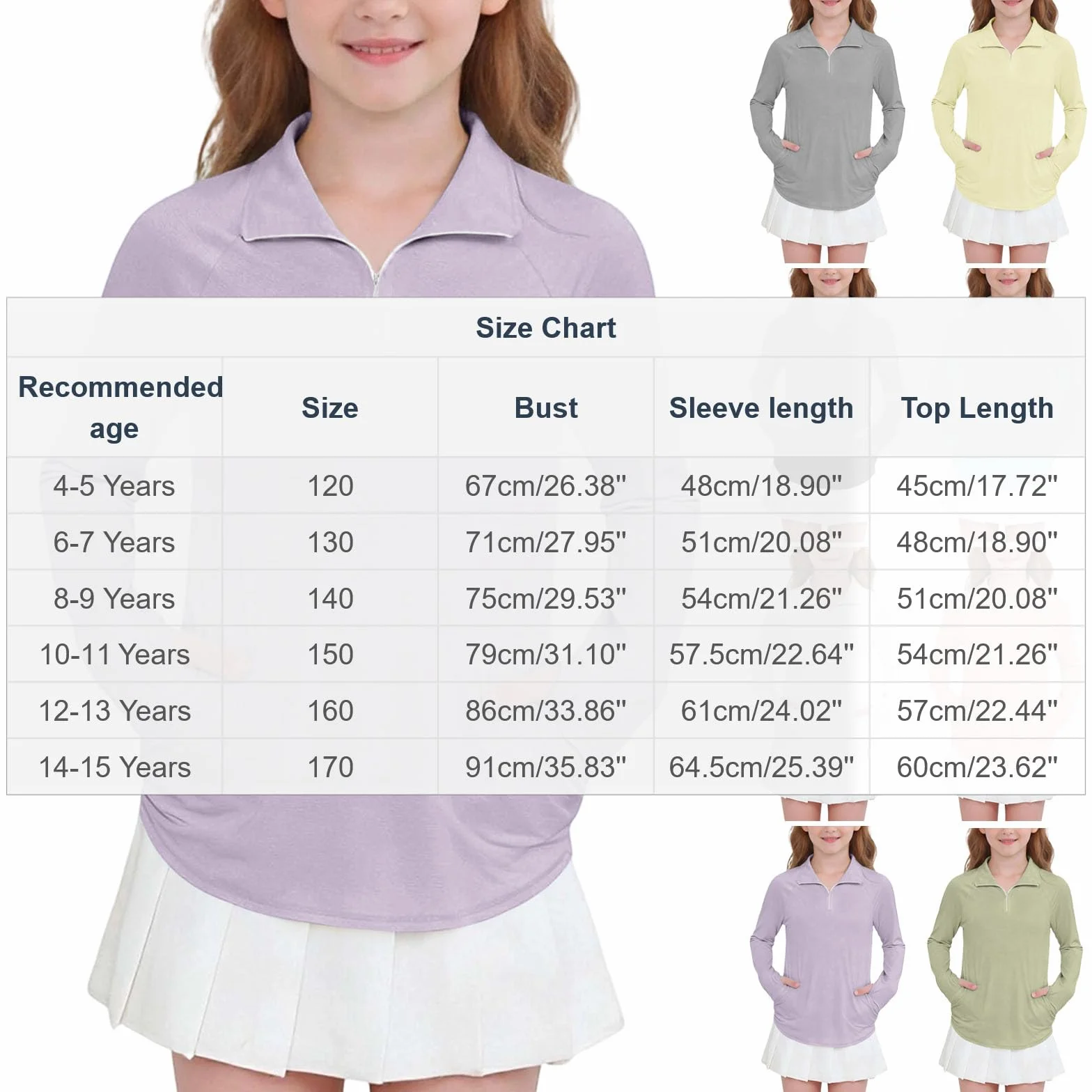 Camiseta de Protección Solar Niña Manga Larga 1/4 Cremallera Secado Rápido Transpirable Thumbhole 4-15 años