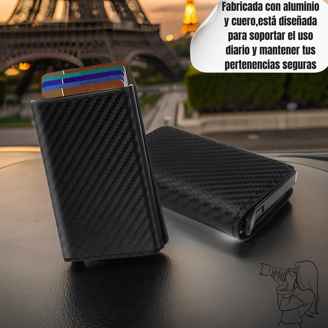 Cartera Hombre Pequeña con Tarjetero Automático Interior Aluminio Protección RFID Capacidad 6 Tarjetas Billetes Documentación Cuero Diseño Compacto Antirrobo