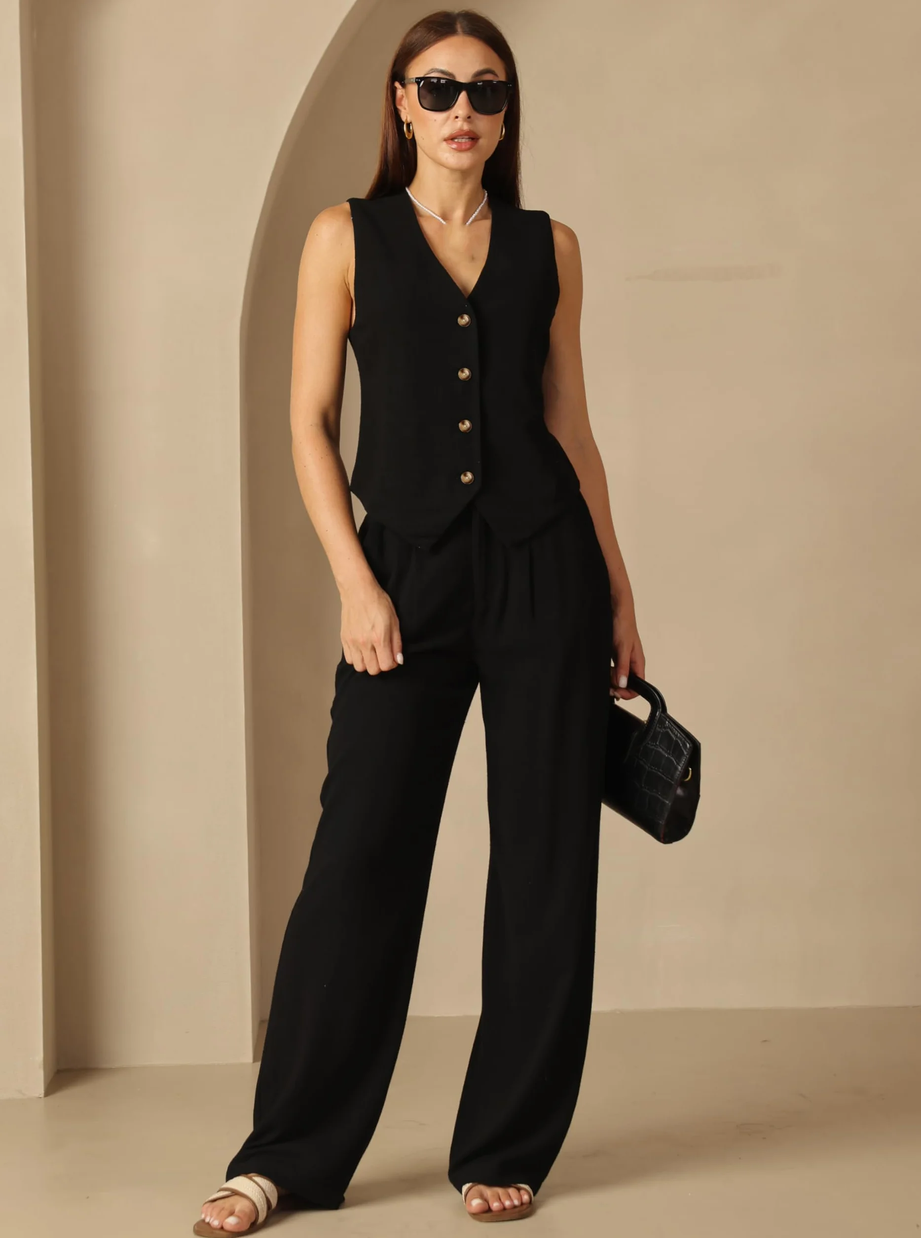 Fakanhui Conjunto de 2 piezas de lino para mujer, pantalones de pierna ancha, ropa de negocios