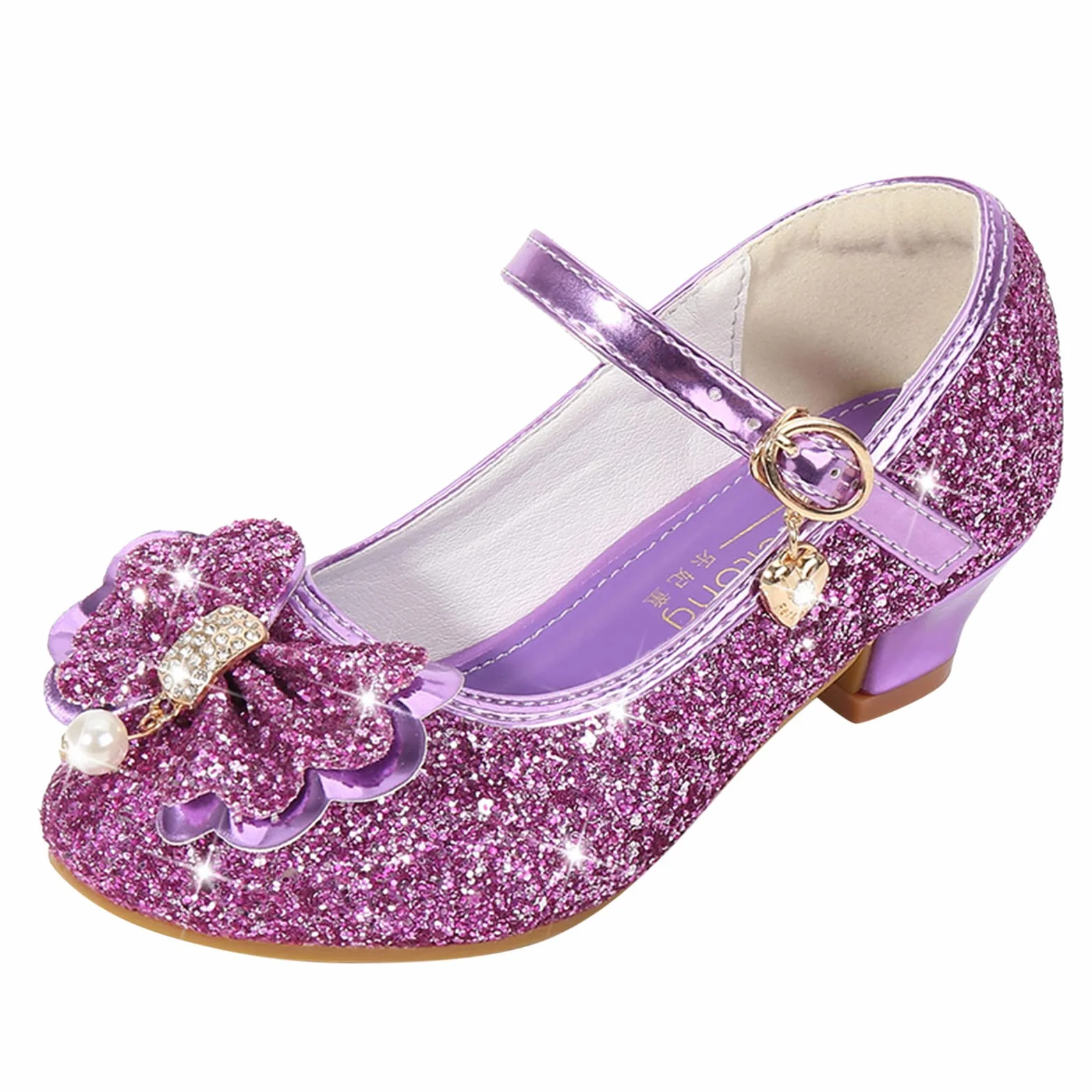 Zapatos de noche purpurina pedrería princesa lazo Mary Jane tacón grueso para niños niñas