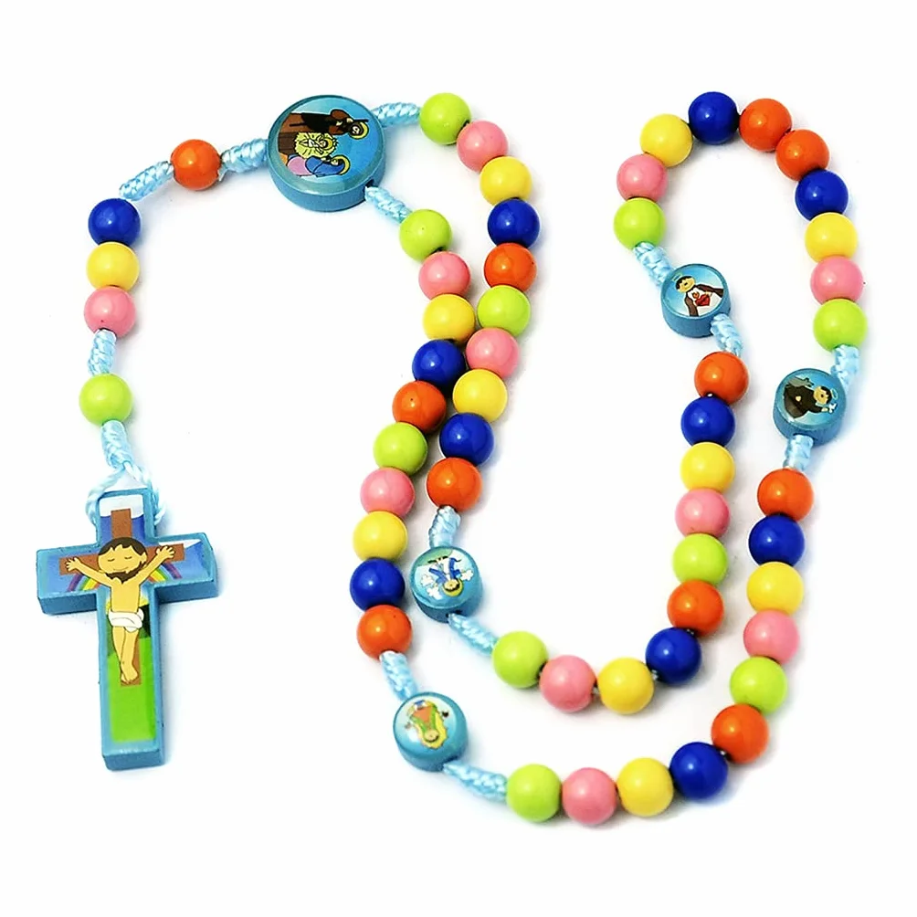 Kimu Collar de rosario con colgante de cruz de Jesús, joyería religiosa para niños y niñas, 8mm, Madera, Perla
